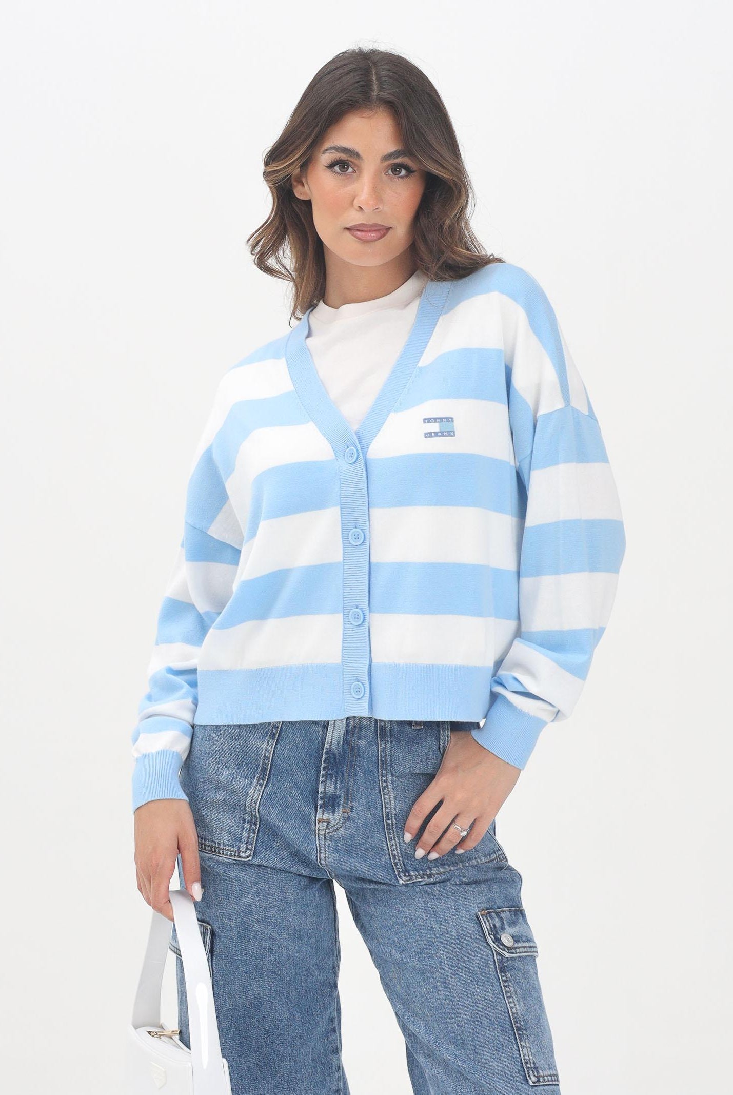 TOMMY JEANS Cardigan corto a righe orizzontali bianche e azzurro da donna DW0DW20968C1T TOMMY JEANS