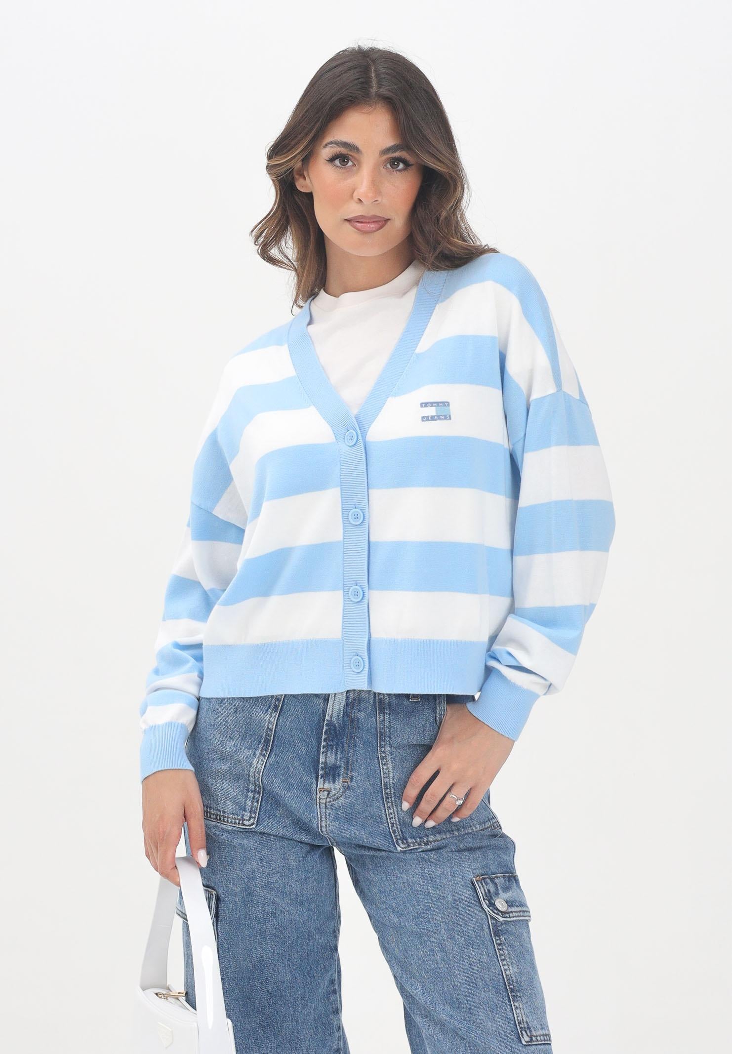 TOMMY JEANS Cardigan corto a righe orizzontali bianche e azzurro da donna DW0DW20968C1T TOMMY JEANS