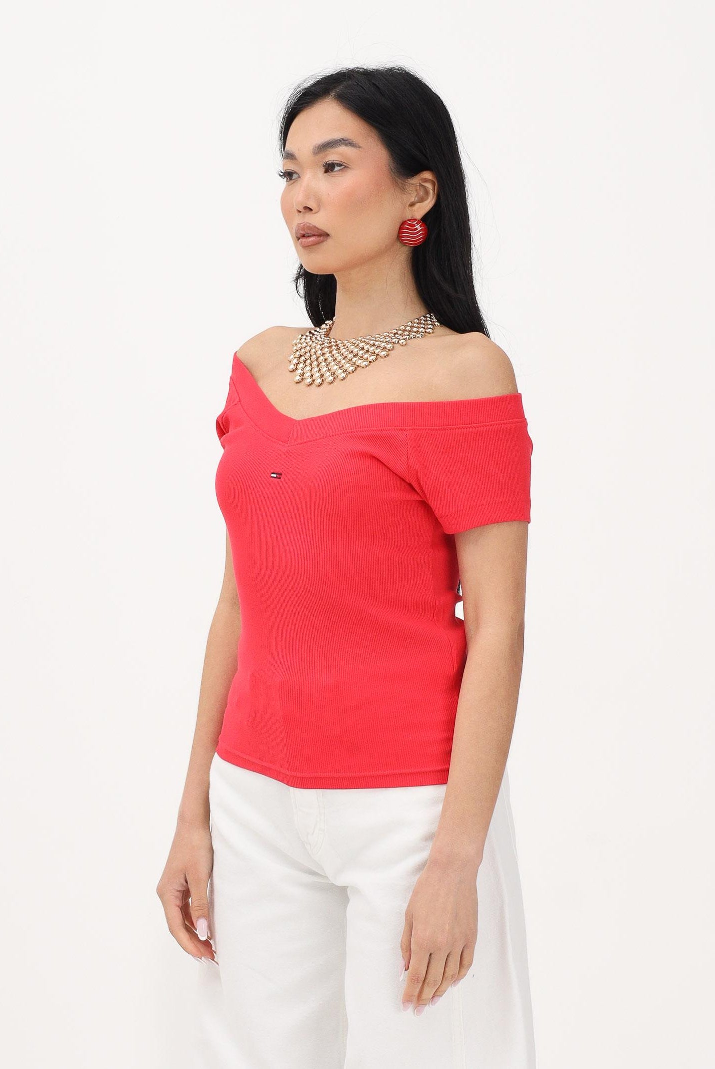 TOMMY JEANS T-shirt a manica corta rosso fragola da donna con scollo a barca DW0DW22265 XK3 TOMMY JEANS