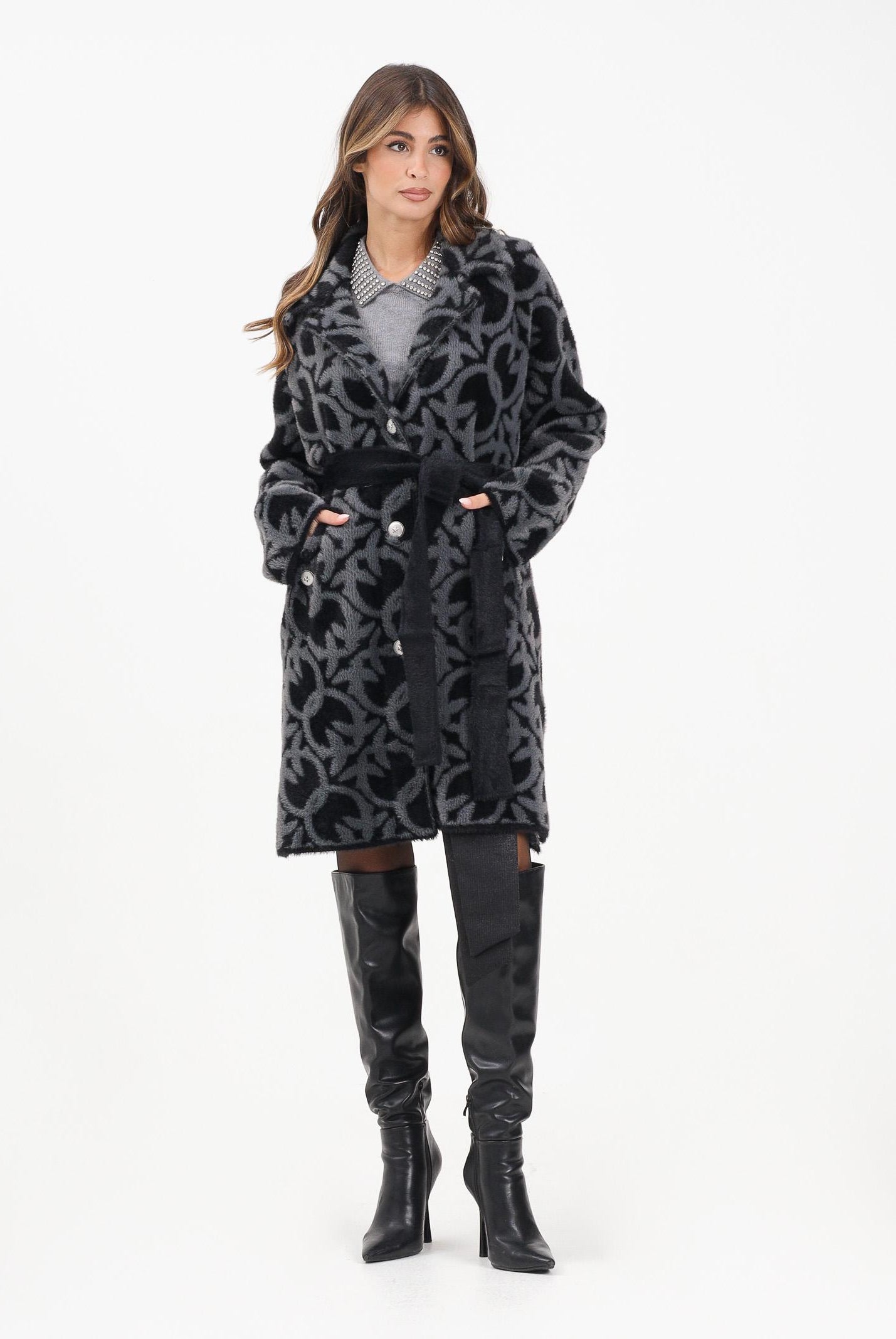 PINKO Cappotto grigio e nero da donna con fantasia logo jacquard 105415A2WY IZ9 PINKO