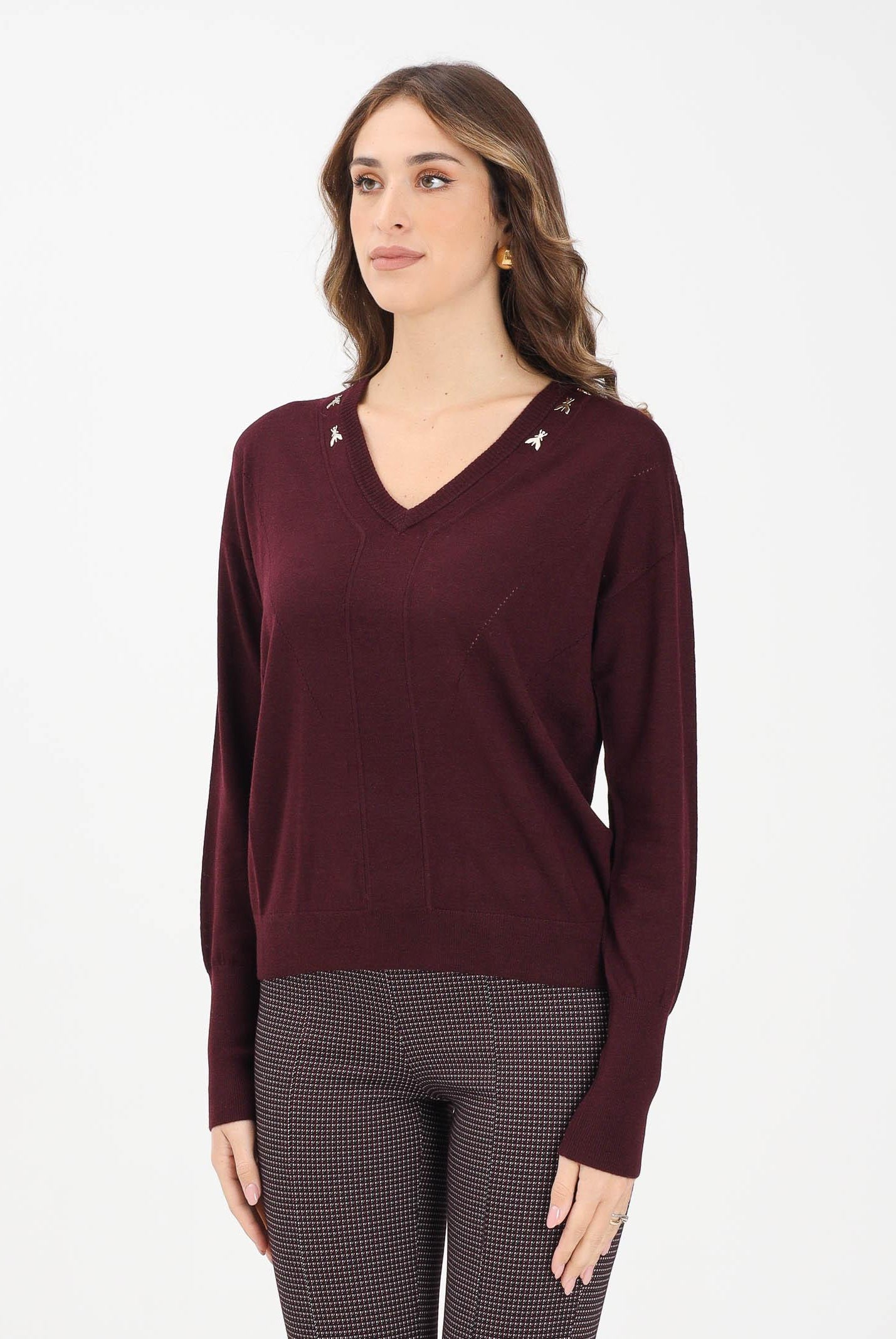 PATRIZIA PEPE Maglioncino scollo a V bordeaux da donna con applicazioni FLY 8K0331KM36 M536 PATRIZIA PEPE