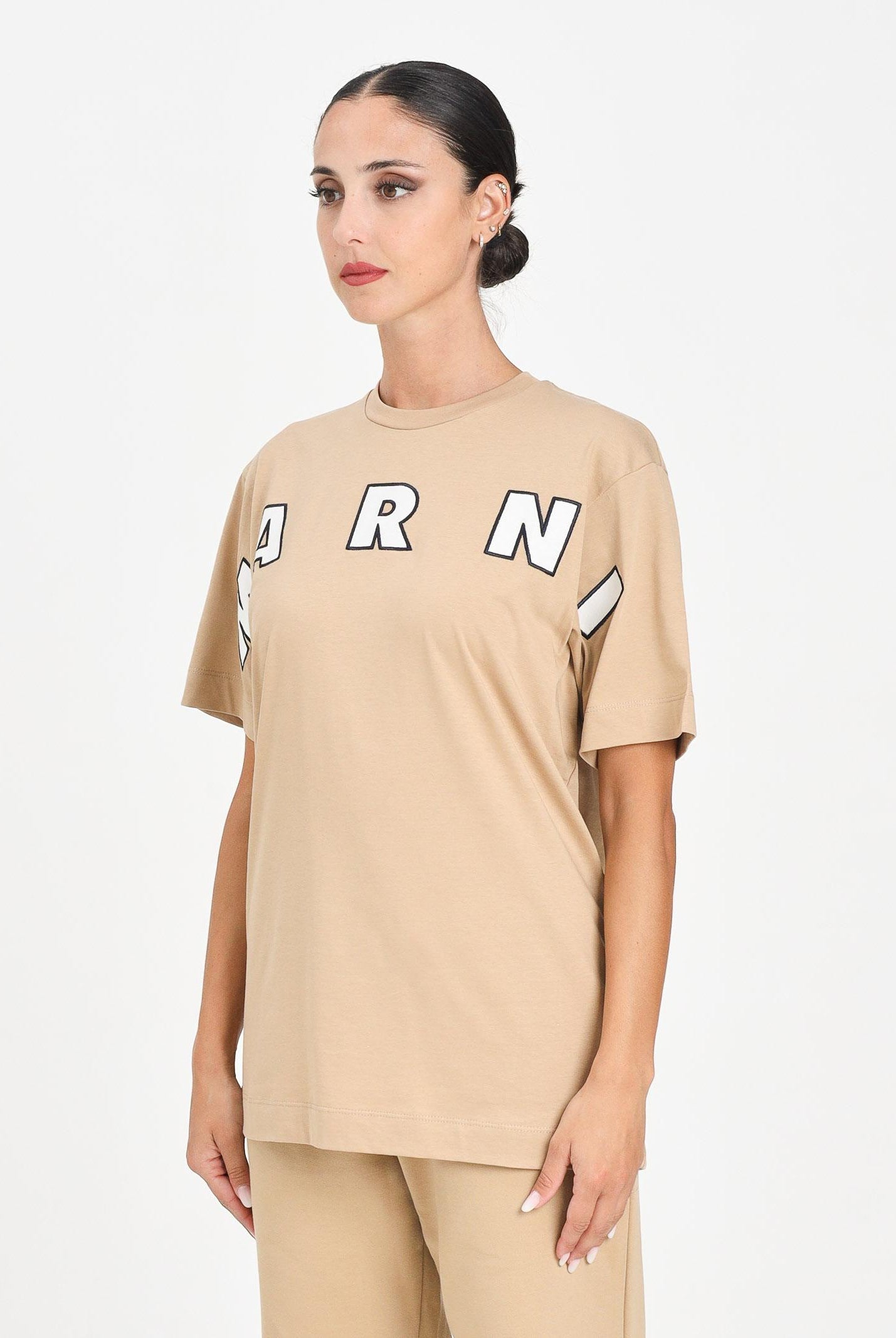 MARNI T-shirt a manica corta beige per donna, ragazzi e bambini con ricamo logo M01265M00RF 0M715 MARNI