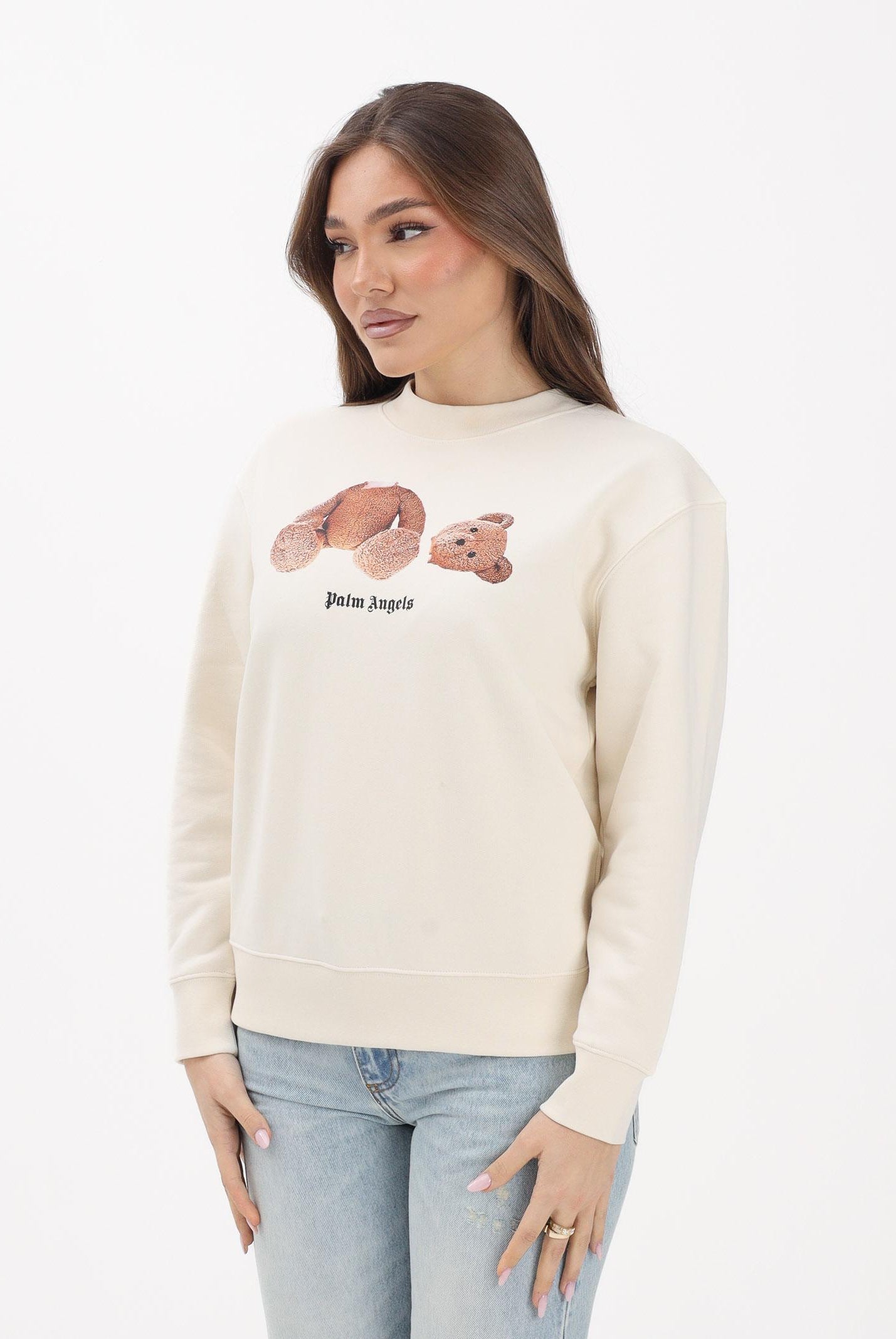 PALM ANGELS Felpa girocollo panna per donna, ragazzi e bambini con stampa PBBA012S26FLE002 002 PALM ANGELS