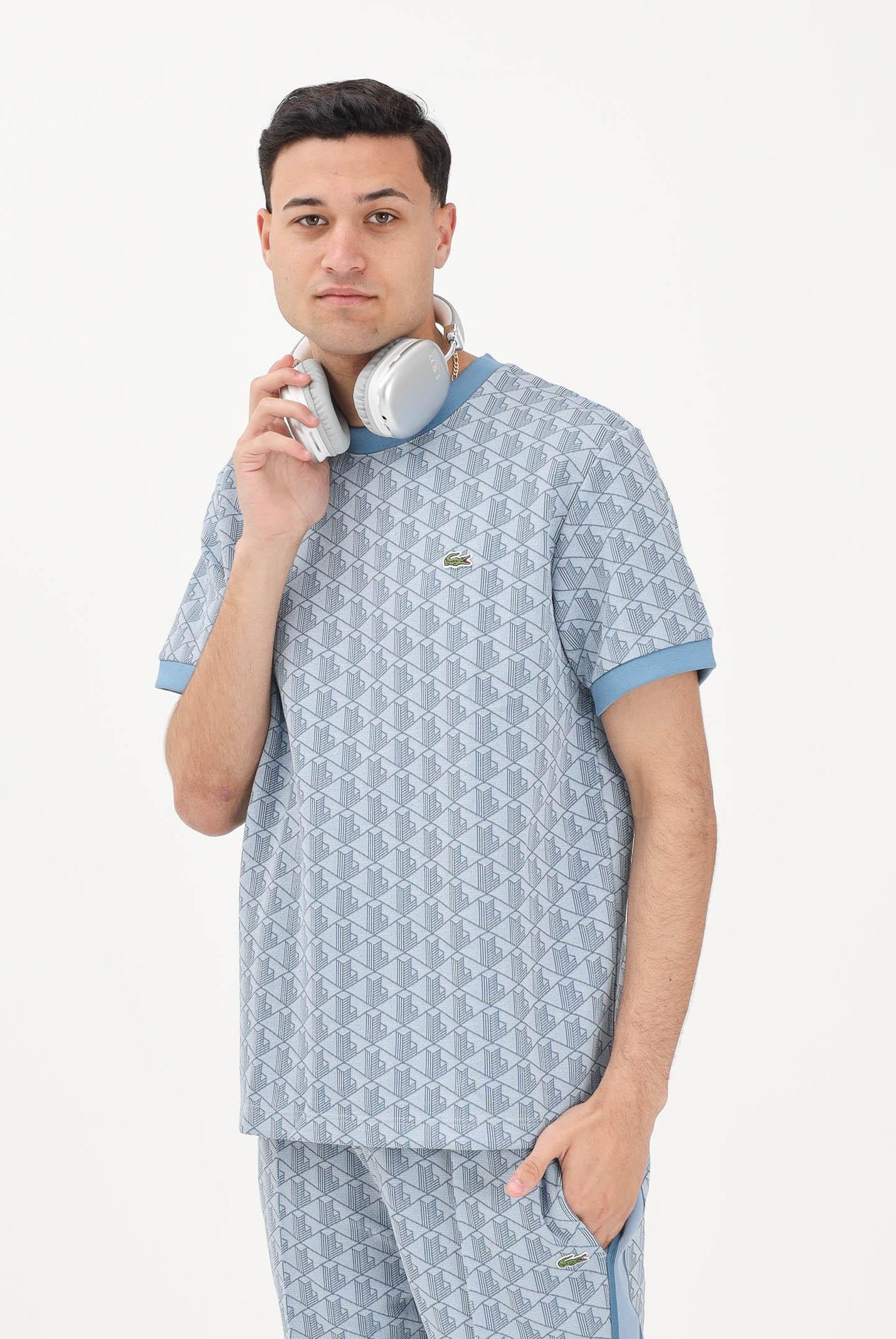 LACOSTE T-shirt a manica corta azzurra da uomo con monogramma jacquard TH1197 1QI LACOSTE