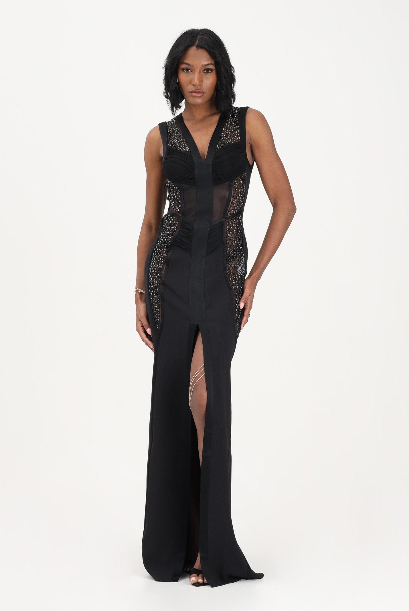 ELISABETTA FRANCHI Abito lungo nero da donna con inserti in rete trasparente ABR4362E2 110 ELISABETTA FRANCHI