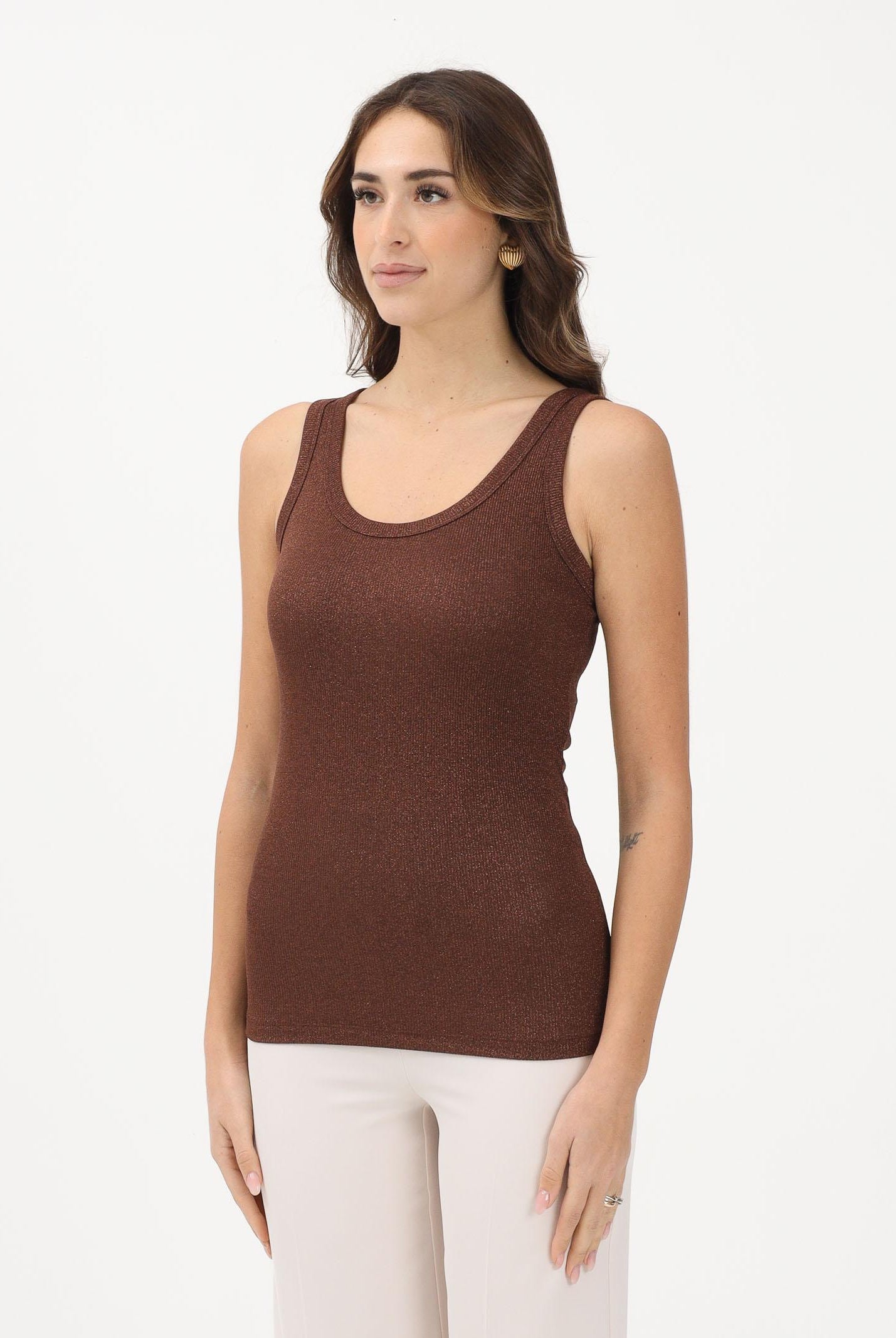 VICOLO Canotta marrone da donna realizzata in un tessuto lavorato con filato lamé UF0055 CA VICOLO