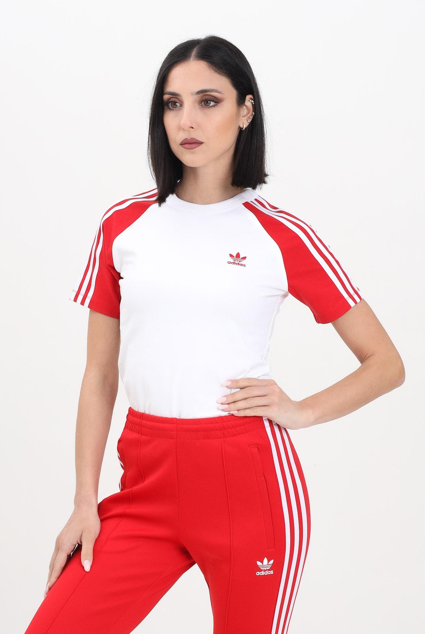 ADIDAS ORIGINALS T-shirt a manica corta Adicolor 3-Stripes Raglan Slim bianca e rossa da donna JD0835 ADIDAS ORIGINALS