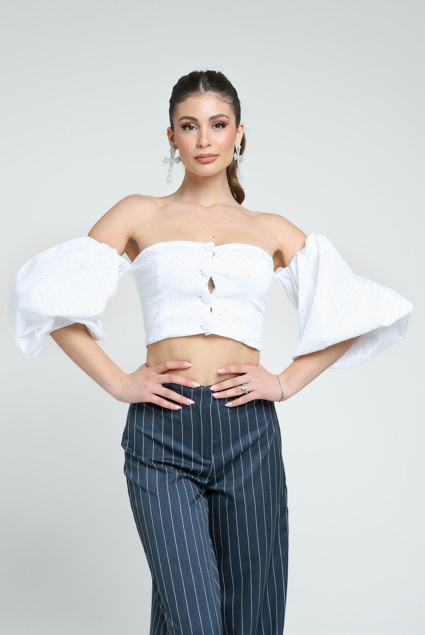 SANTAS Top elegante bianco da donna interamente ricoperto di strass PV2501 BIANCO SANTAS