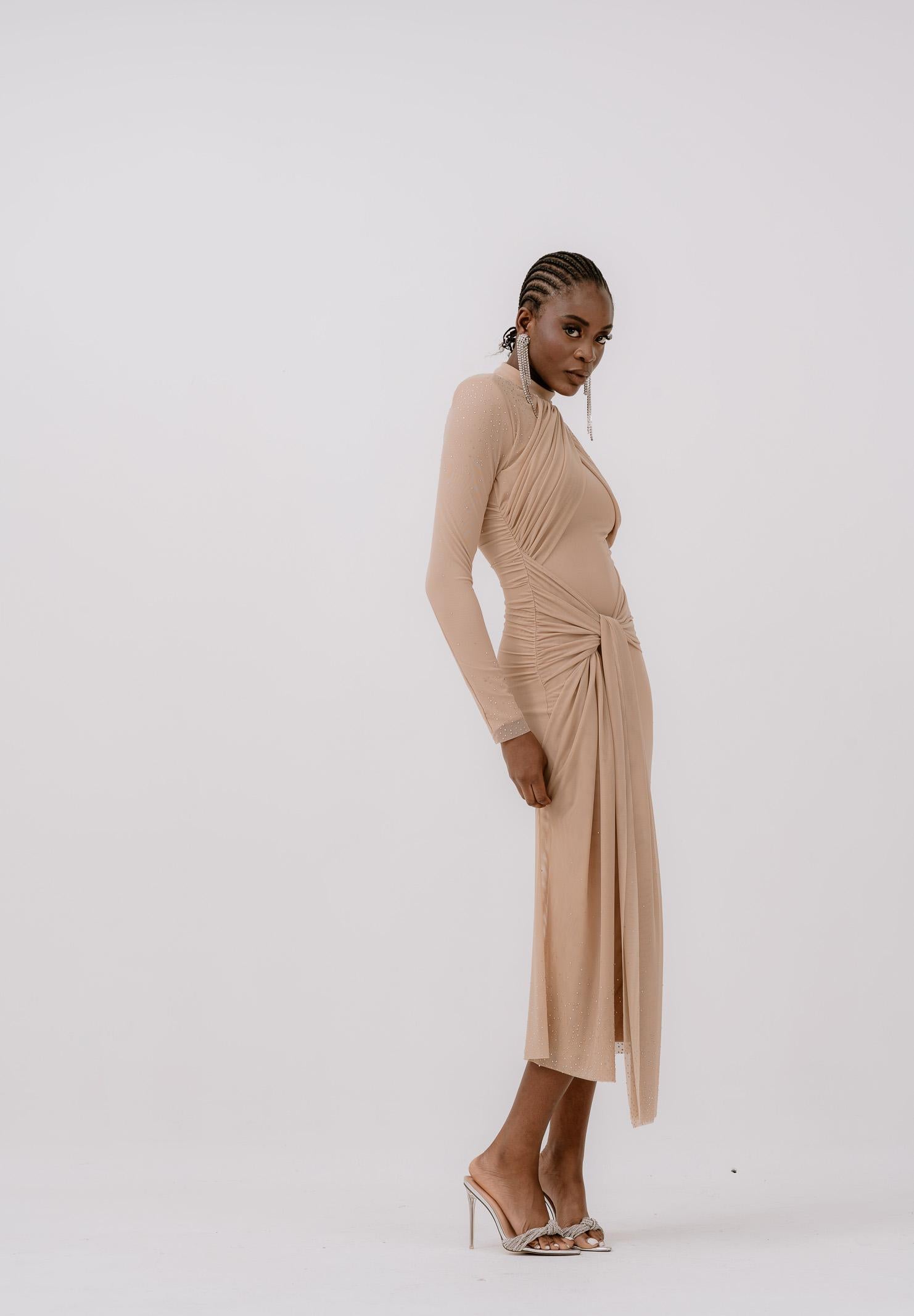 ALMA SANCHEZ Abito midi Acaico nude da donna con applicazioni di micro strass AS2526100RT 063 ALMA SANCHEZ