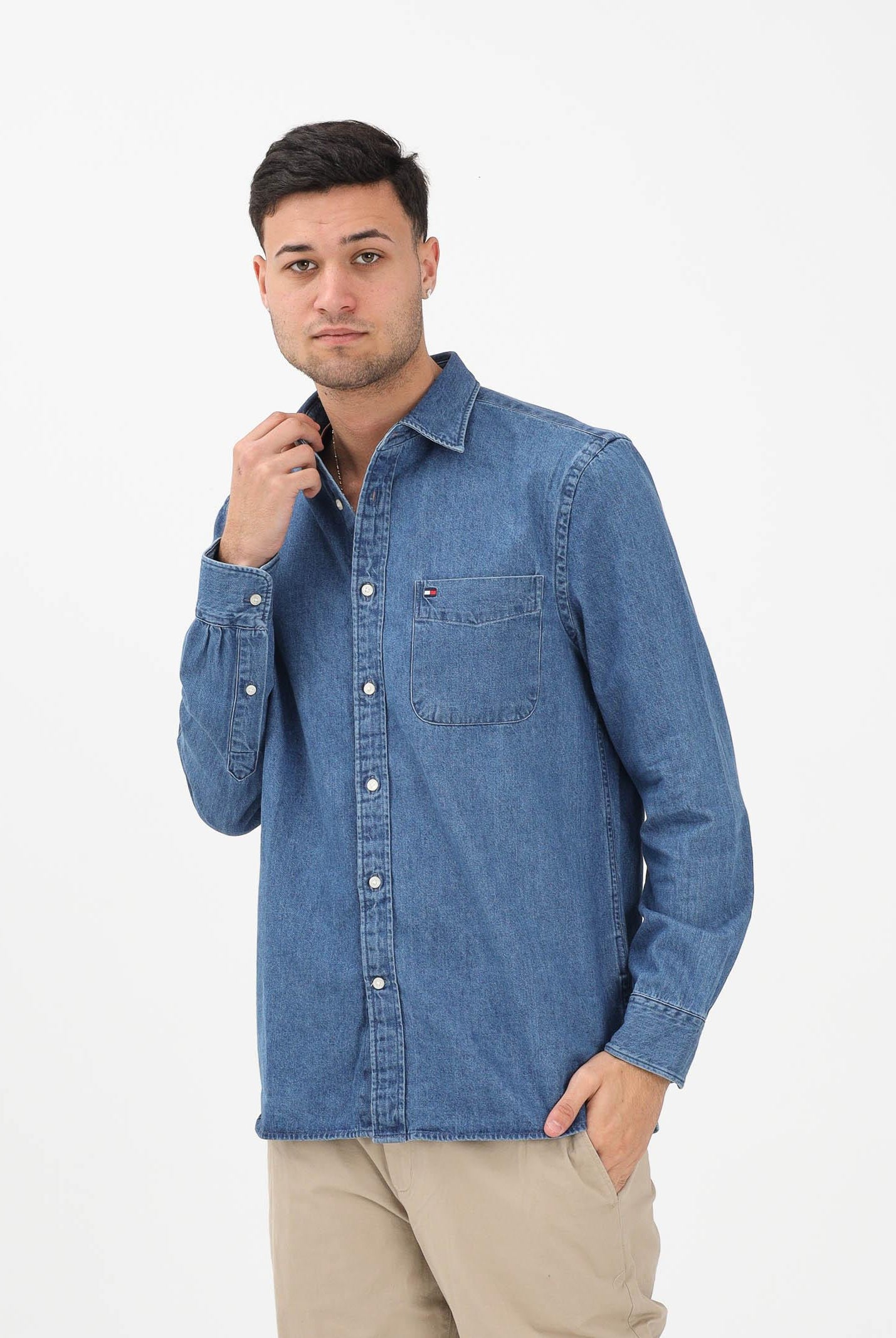 TOMMY HILFIGER Camicia di jeans in denim medio da uomo con logo MW0MW40494 1A4 TOMMY HILFIGER