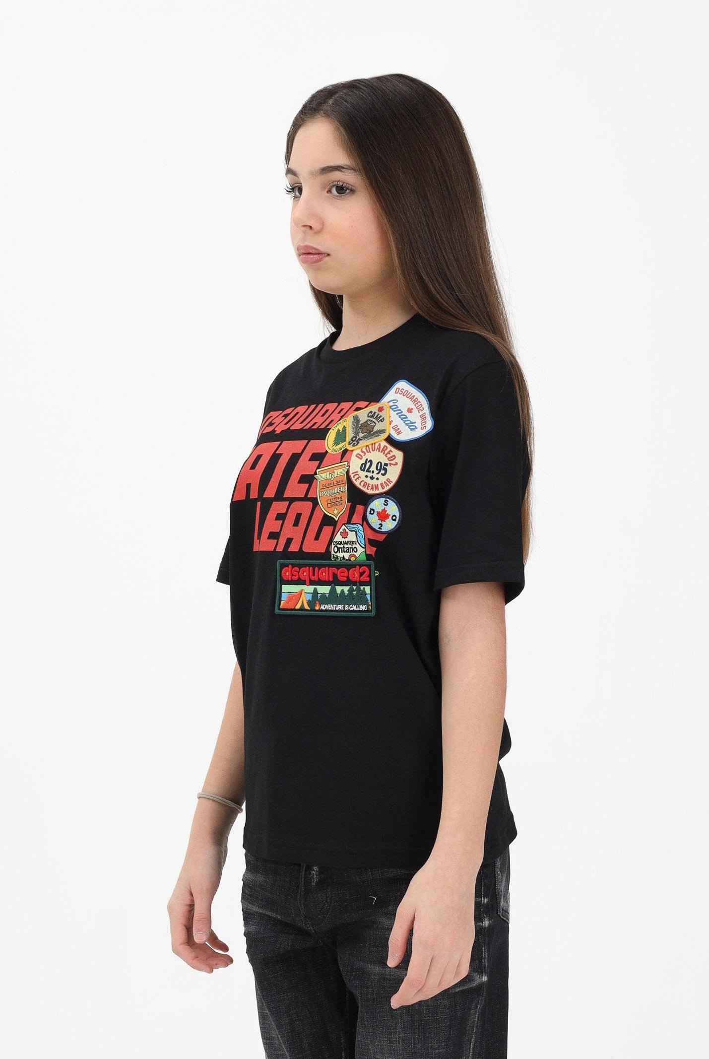 DSQUARED2 T-shirt a manica corta nera per donna, ragazzi e bambini con logo applicato e patch DQ3165D0ACD DQ900 DSQUARED2