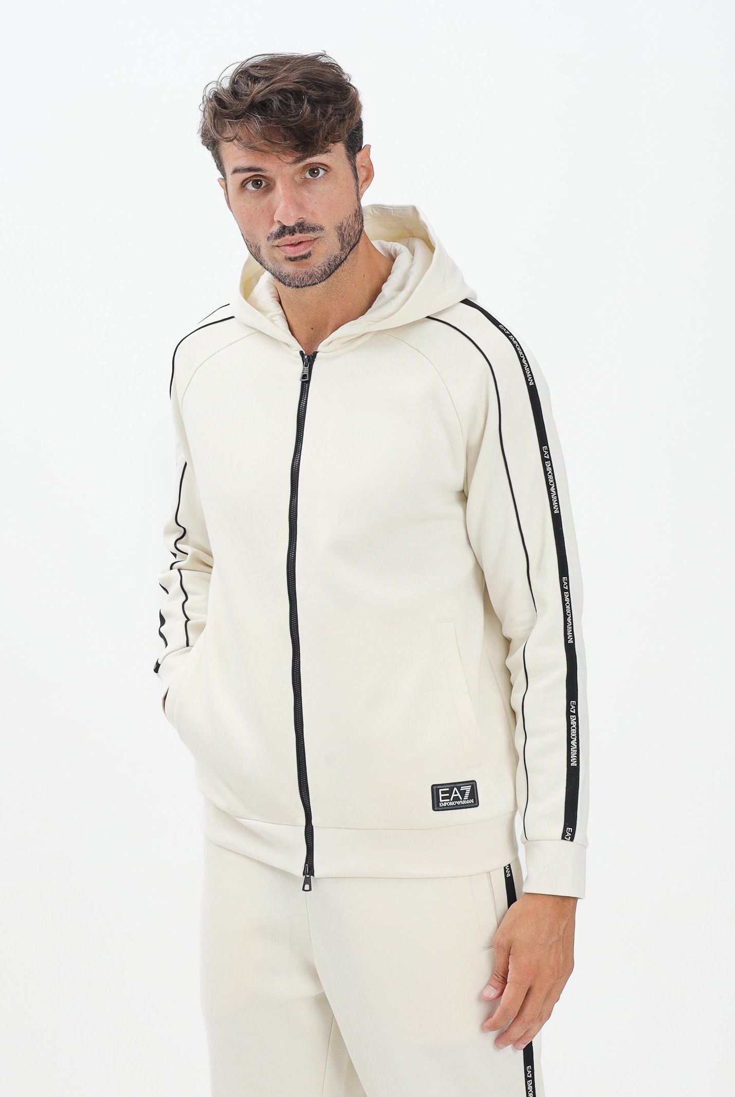 EA7 Felpa con zip panna da uomo rifinita da bande logate 7M000973AF10377 U1105 EA7