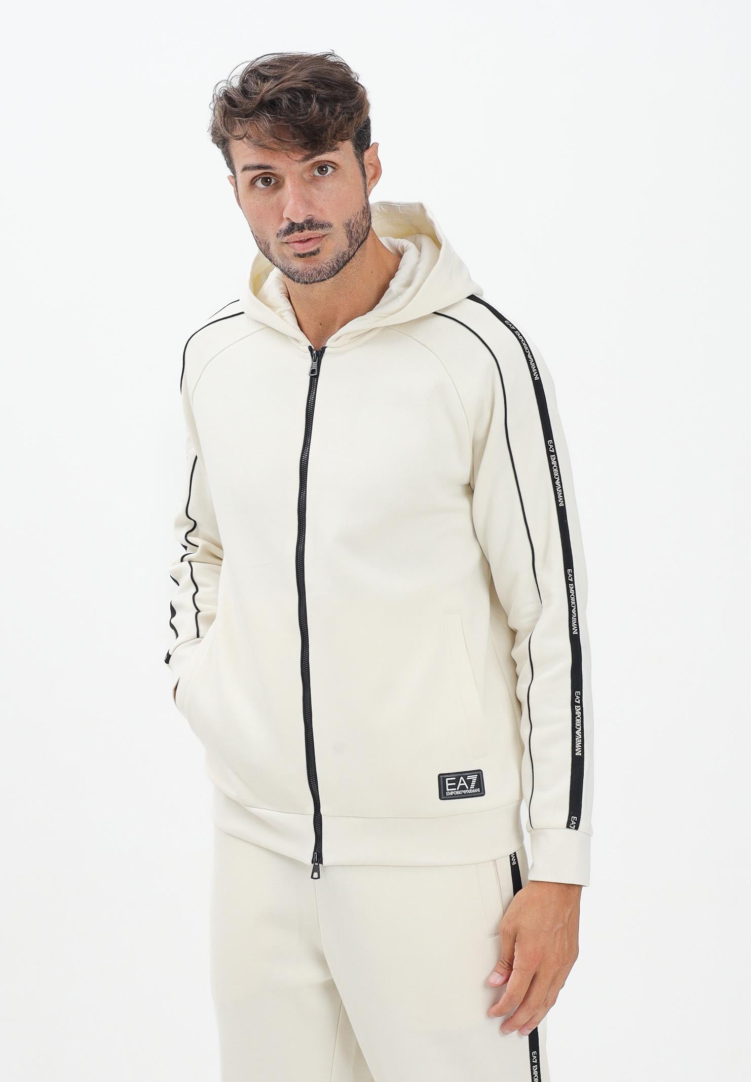 EA7 Felpa con zip panna da uomo rifinita da bande logate 7M000973AF10377 U1105 EA7