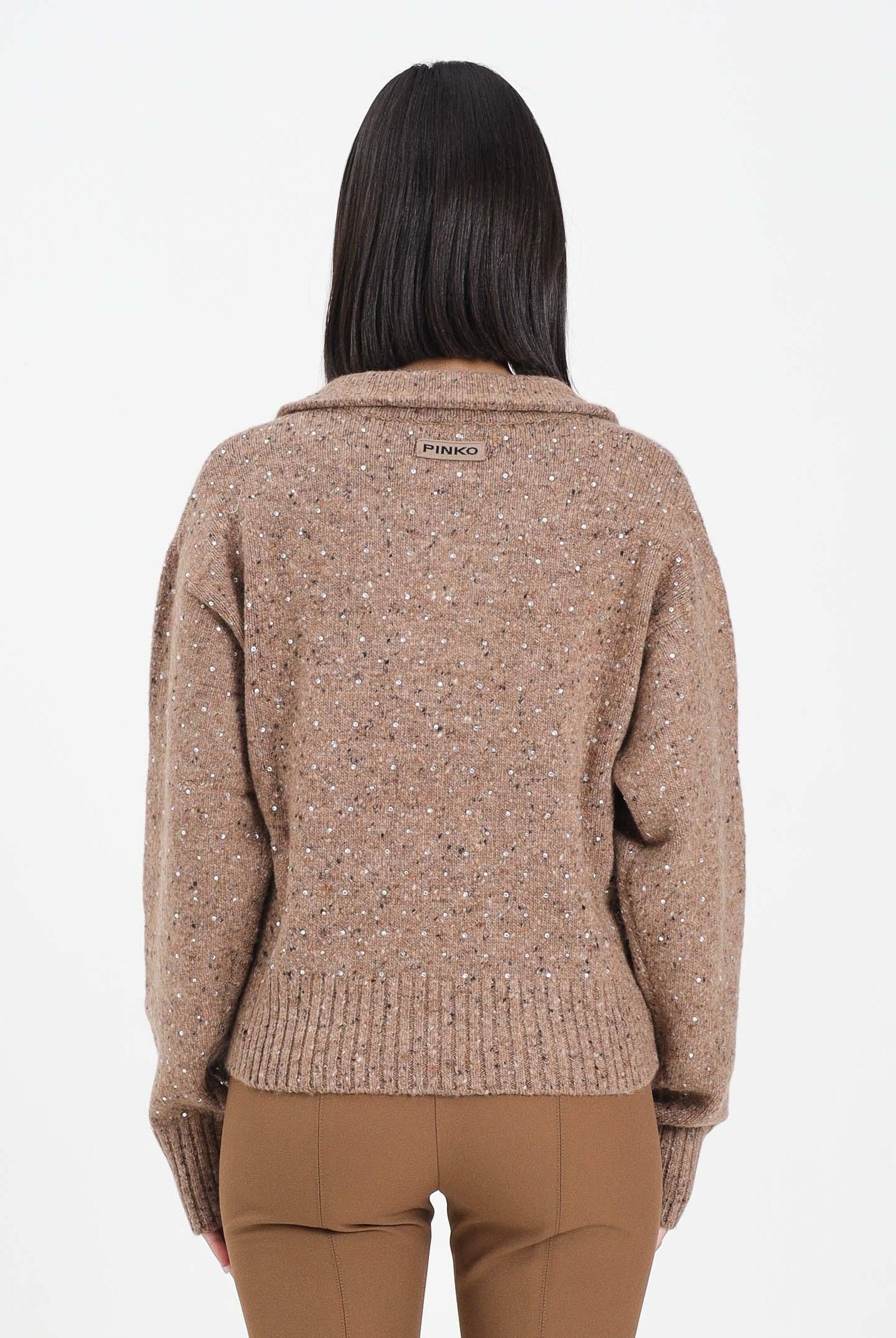 PINKO Maglioncino con scollo a V beige da donna realizzato in morbido tessuto con strass 105684A2U4 C3Z PINKO