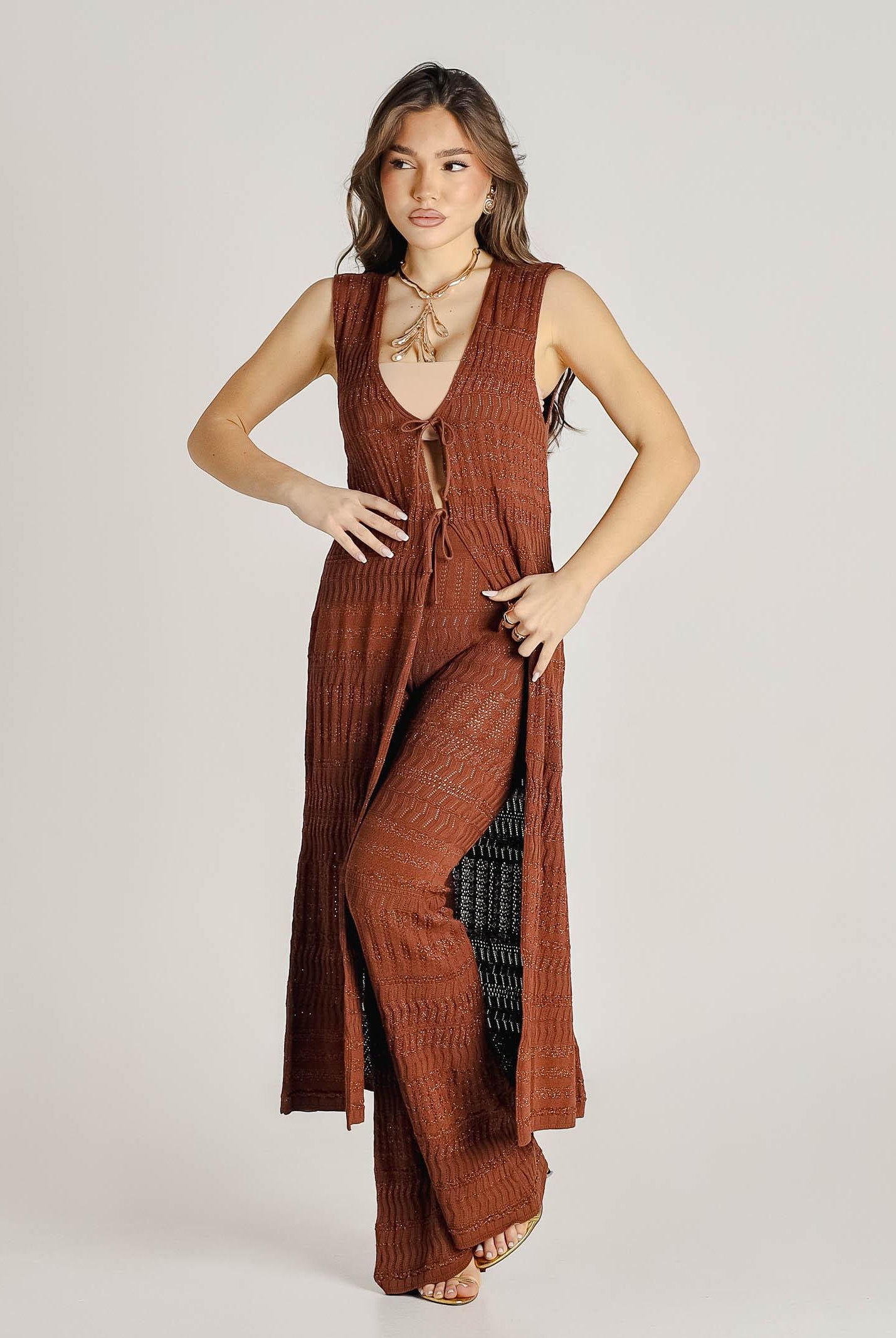 AKEP Gilet lungo marrone da donna GLKD13209 V2 AKEP