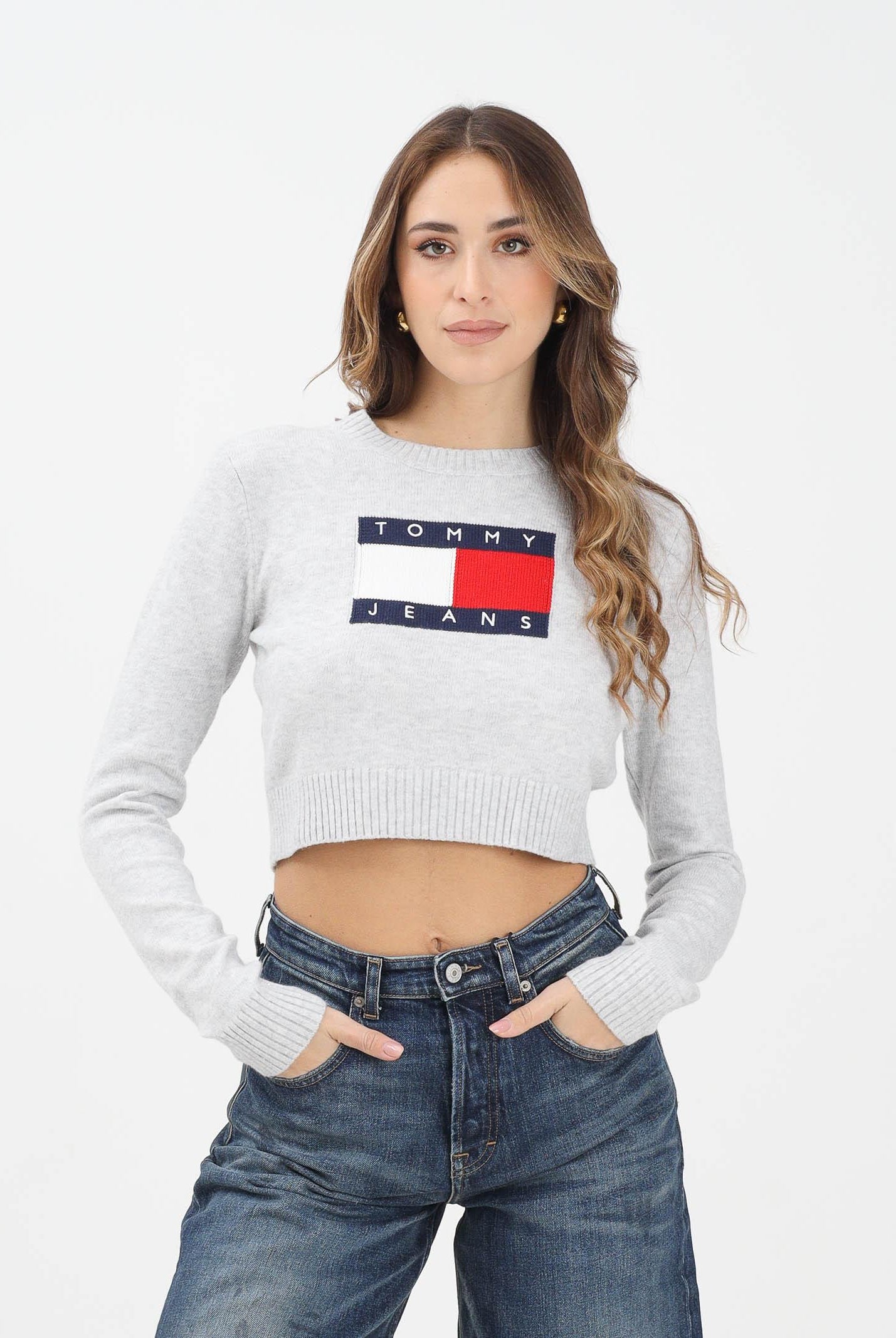 TOMMY JEANS Maglioncino girocollo grigio da donna con ricamo logo DW0DW21690P09 TOMMY JEANS