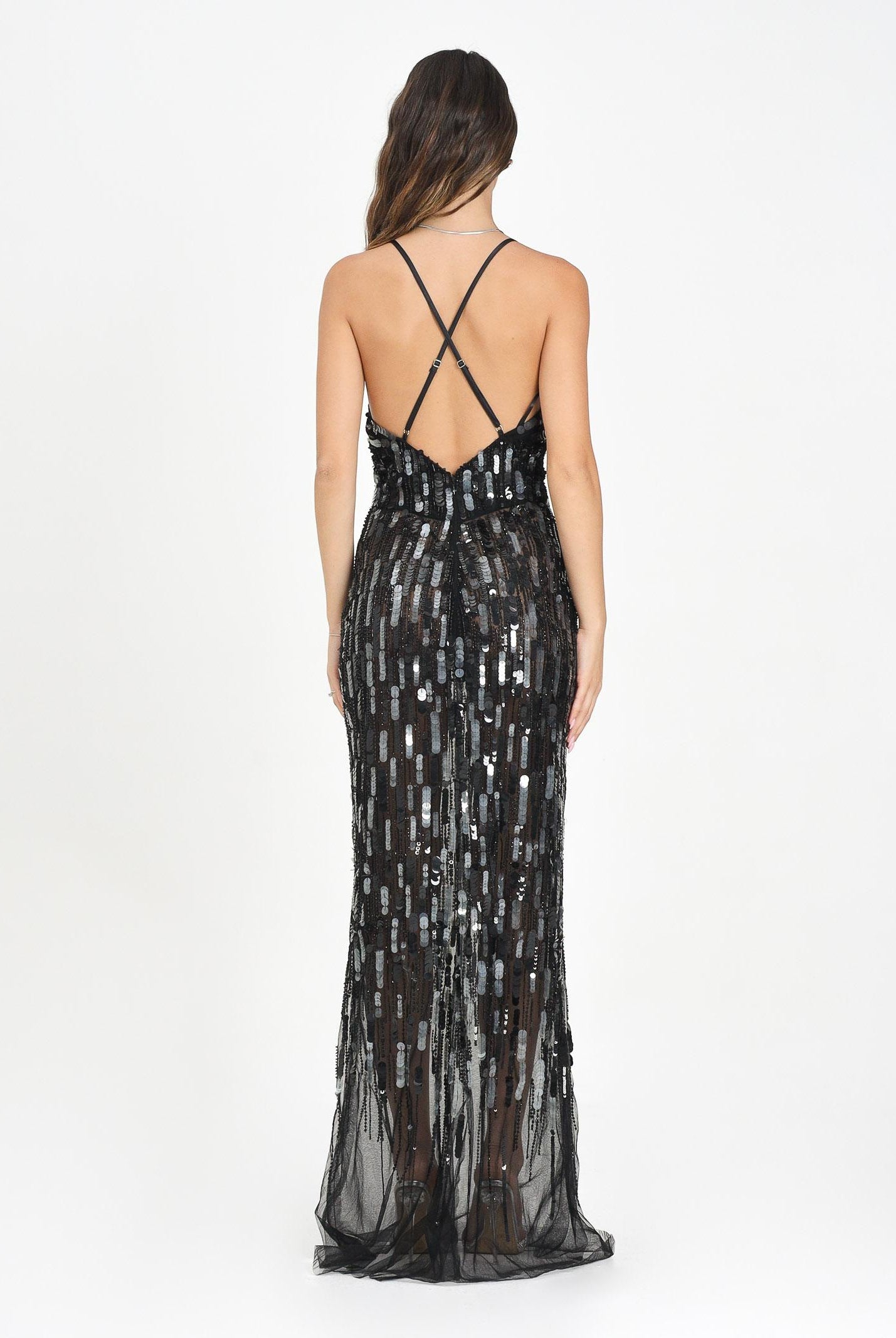 ELISABETTA FRANCHI Abito lungo nero da donna in tulle con paillettes ABR2357E2 110 ELISABETTA FRANCHI