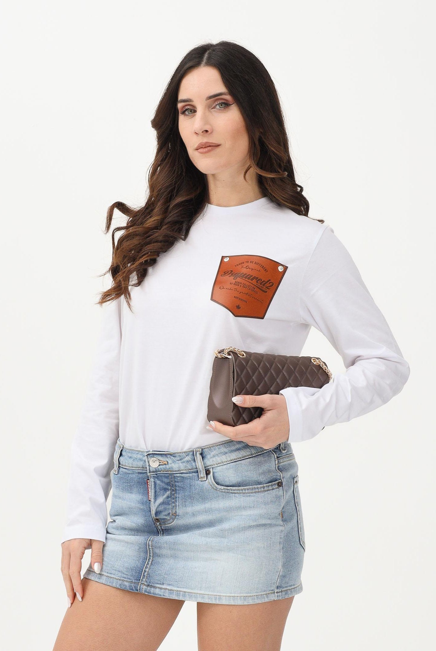 DSQUARED2 T-shirt a manica lunga bianca per donna, ragazzi e bambini con applicazione DQ3174D004G DQ100 DSQUARED2