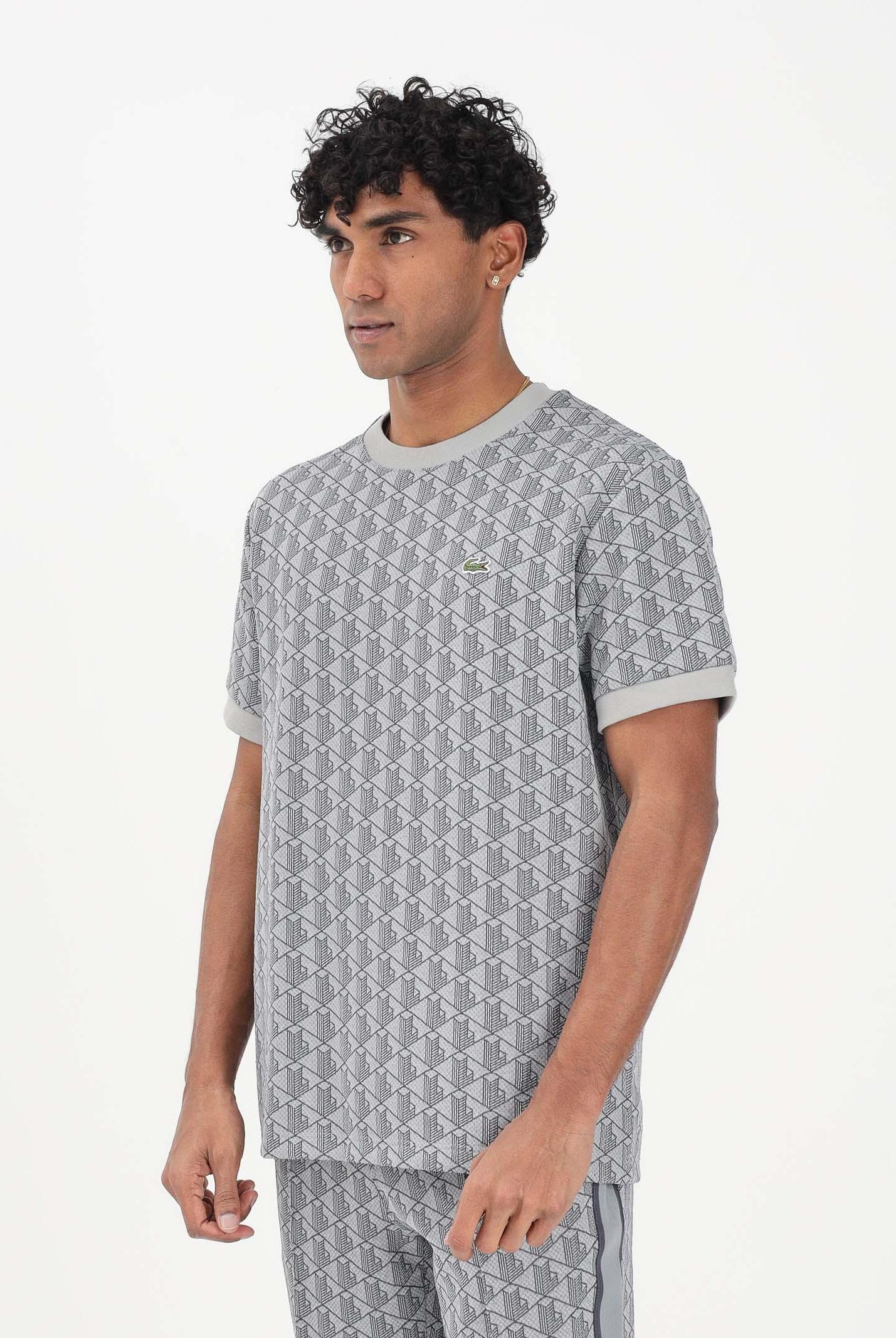 LACOSTE T-shirt a manica corta grigia da uomo con monogramma jacquard TH1197 41I LACOSTE