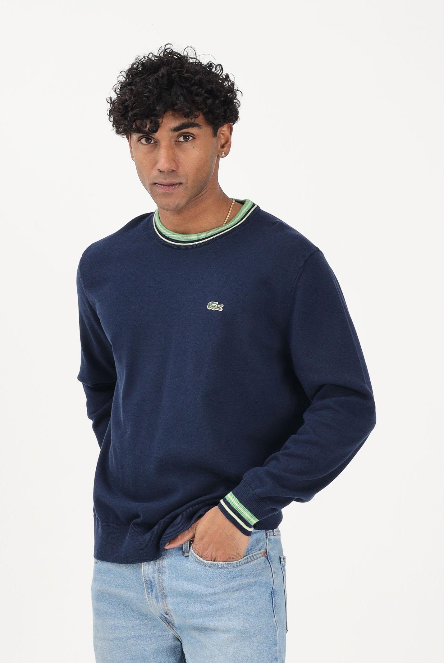 LACOSTE Maglioncino girocollo blu da uomo in jersey di cotone a righe AH5158 20I LACOSTE