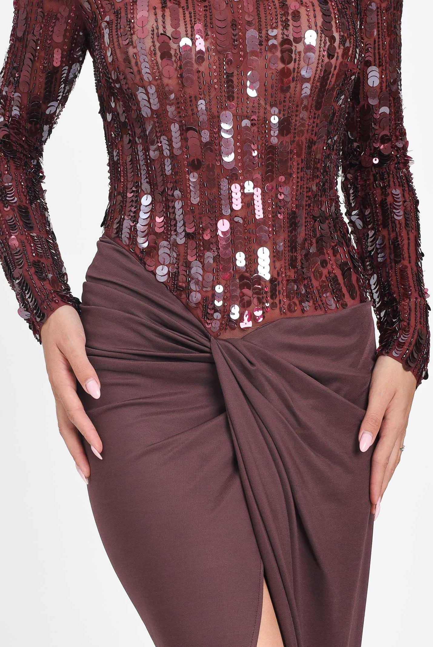 ELISABETTA FRANCHI Abito lungo bordeaux da donna in tulle e jersey con paillettes ABR2057E2 CG3 ELISABETTA FRANCHI
