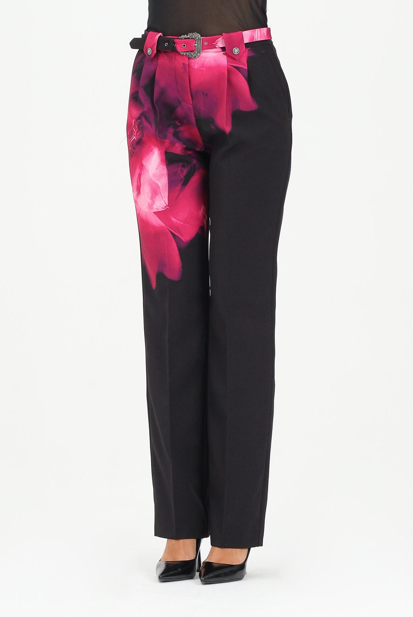 VERSACE JEANS COUTURE Pantalone elegante nero da donna con stampa fiore 79HAA1P1NS731 474 VERSACE JEANS COUTURE