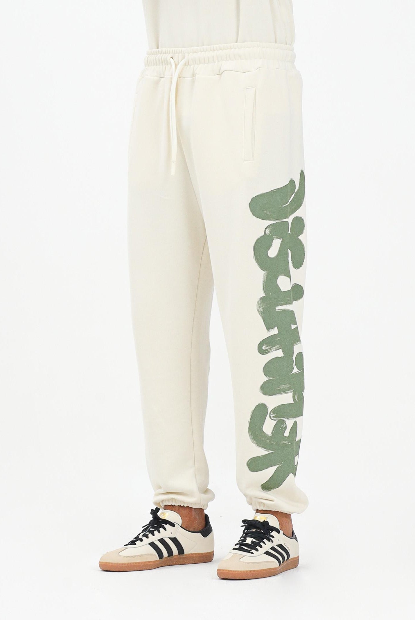 DISCLAIMER Pantalone sportivo panna da uomo con stampa logo verde 25IDS55101 LAVE DISCLAIMER