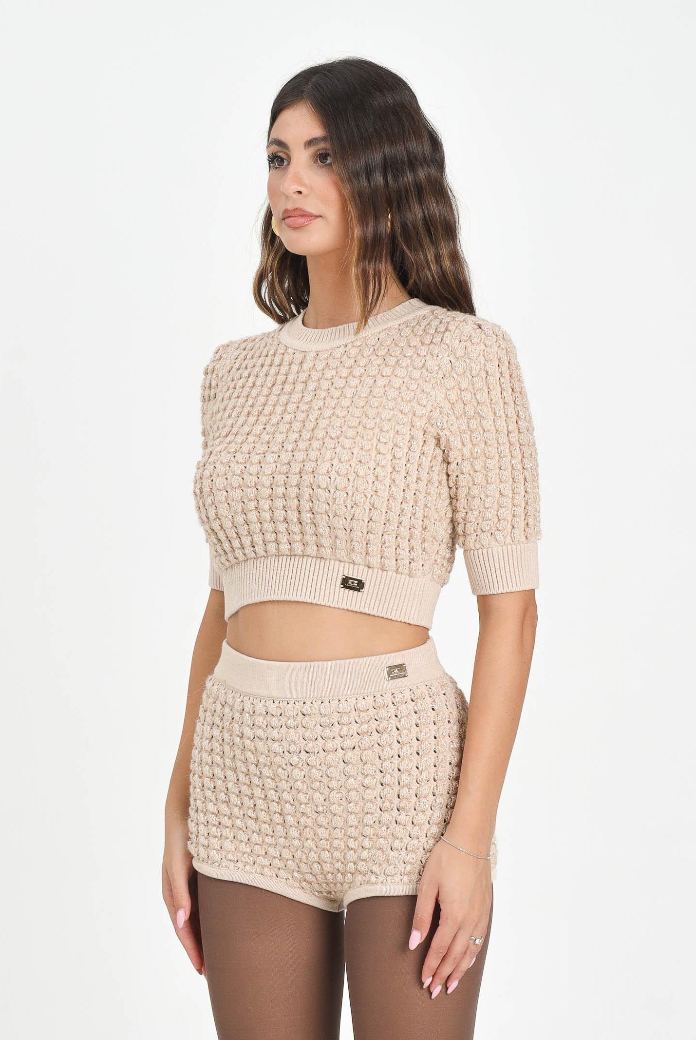 ELISABETTA FRANCHI Maglia a manica corta beige da donna con paillettes<BR/> MK18Q56E2 EA2 ELISABETTA FRANCHI