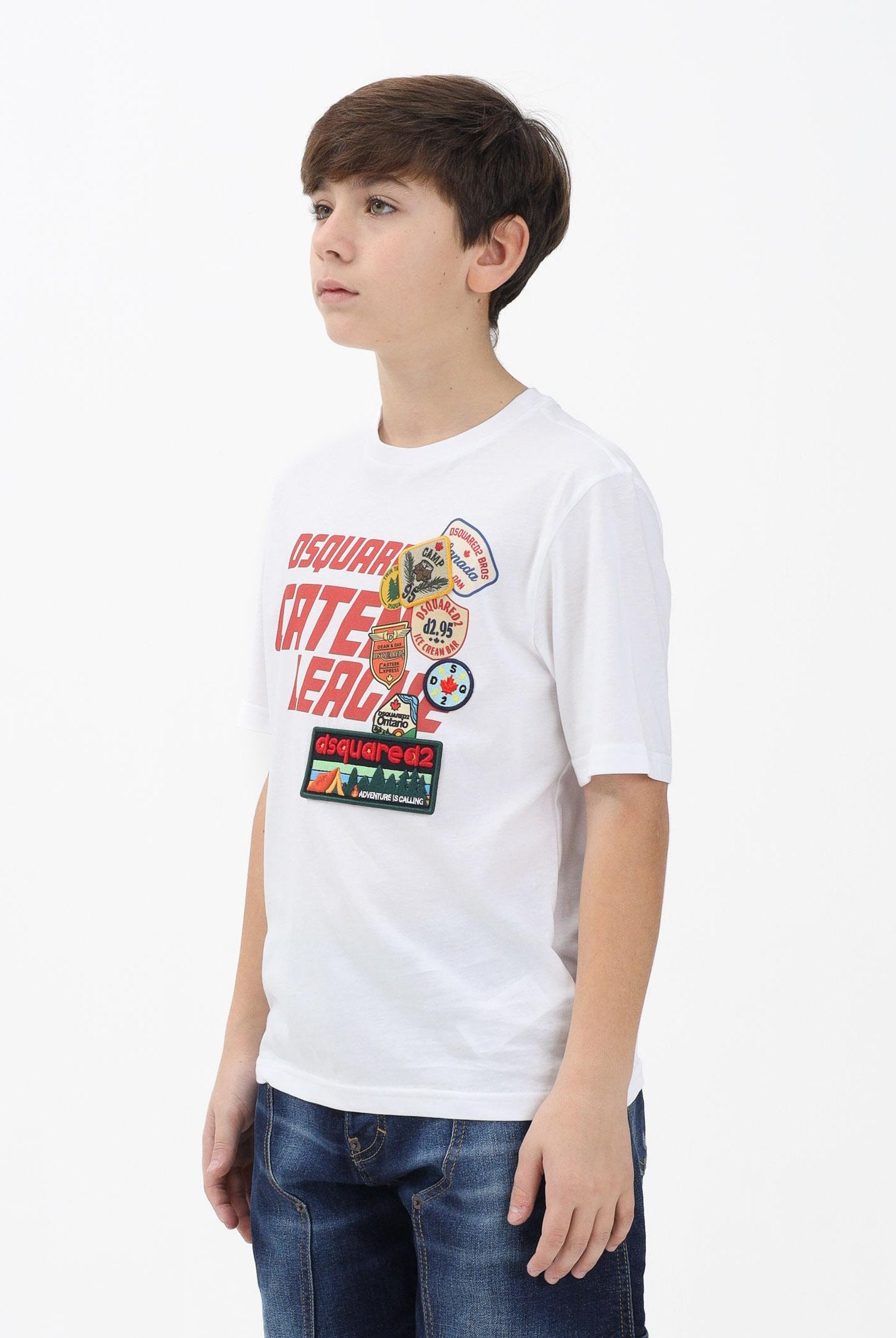 DSQUARED2 T-shirt a manica corta bianca per donna, ragazzi e bambini con logo applicato e patch DQ3165D0ACD DQ100 DSQUARED2