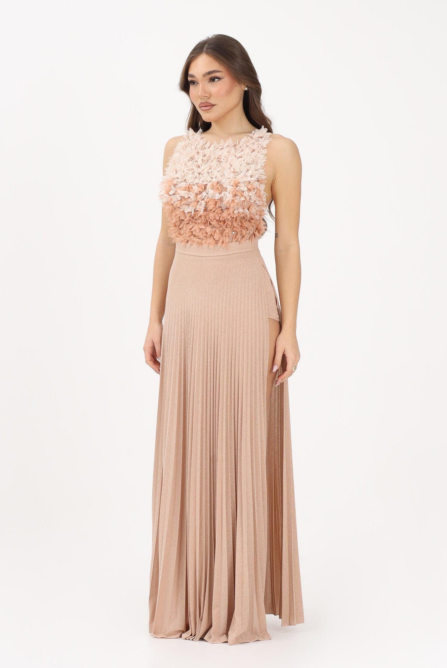 ELISABETTA FRANCHI Abito lungo nude da donna in tulle e jersey lurex ABR4462E2 X81 ELISABETTA FRANCHI