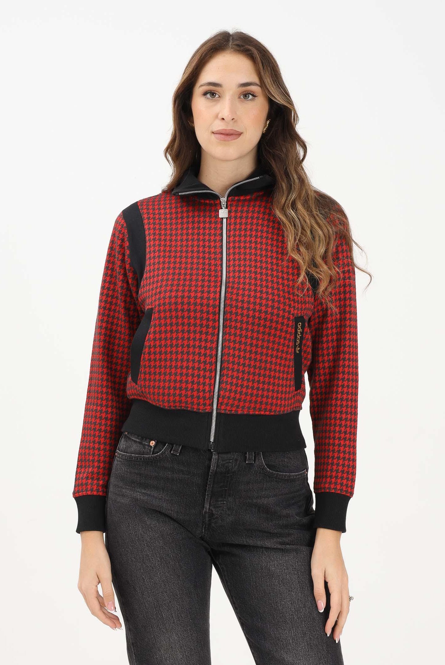 ADIDAS ORIGINALS Felpa con zip pied-de-poule rossa e nera da donna JY3461 ADIDAS ORIGINALS