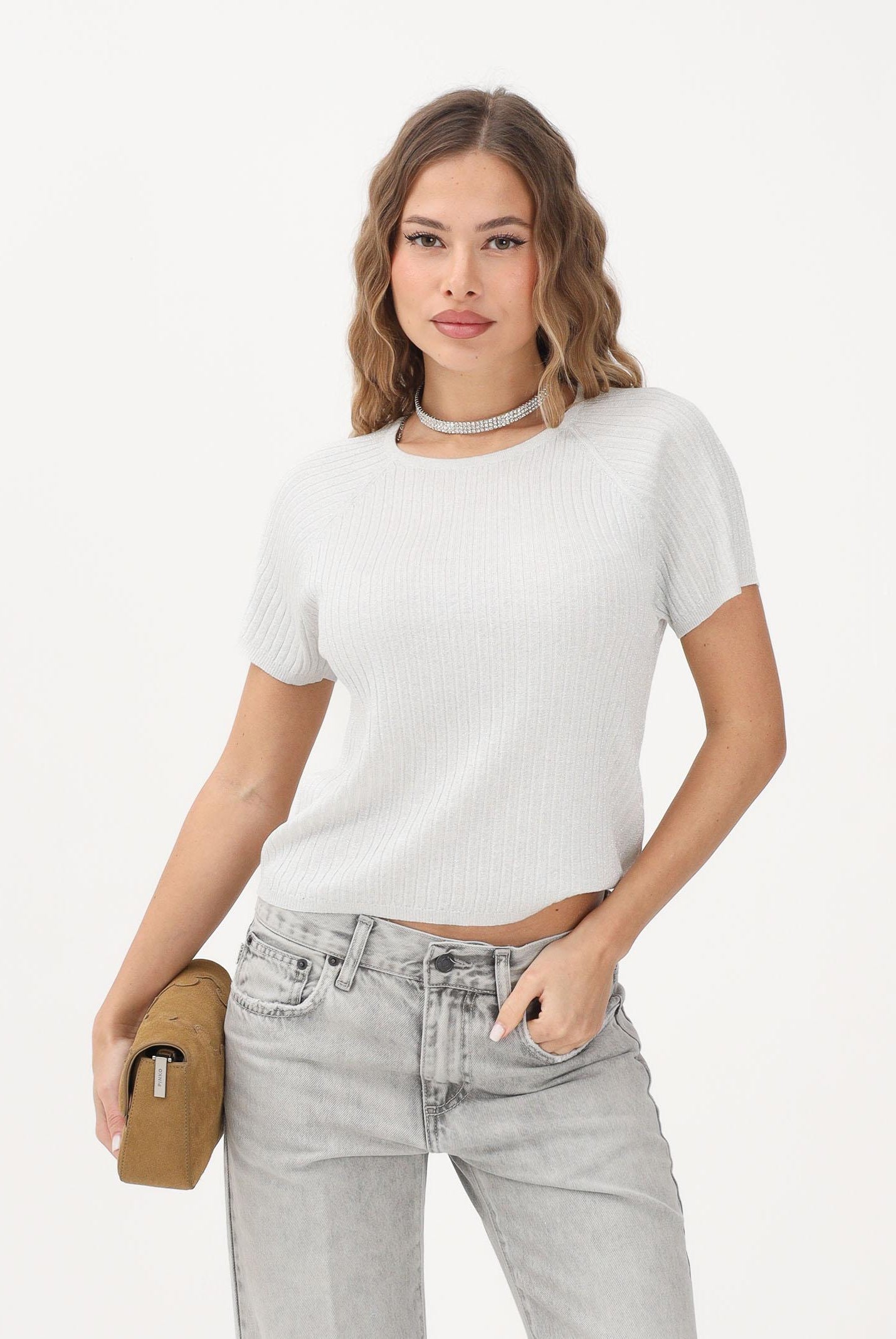 JDY Maglia girocollo argento da donna in filo 15334641 CLDAWSI JDY