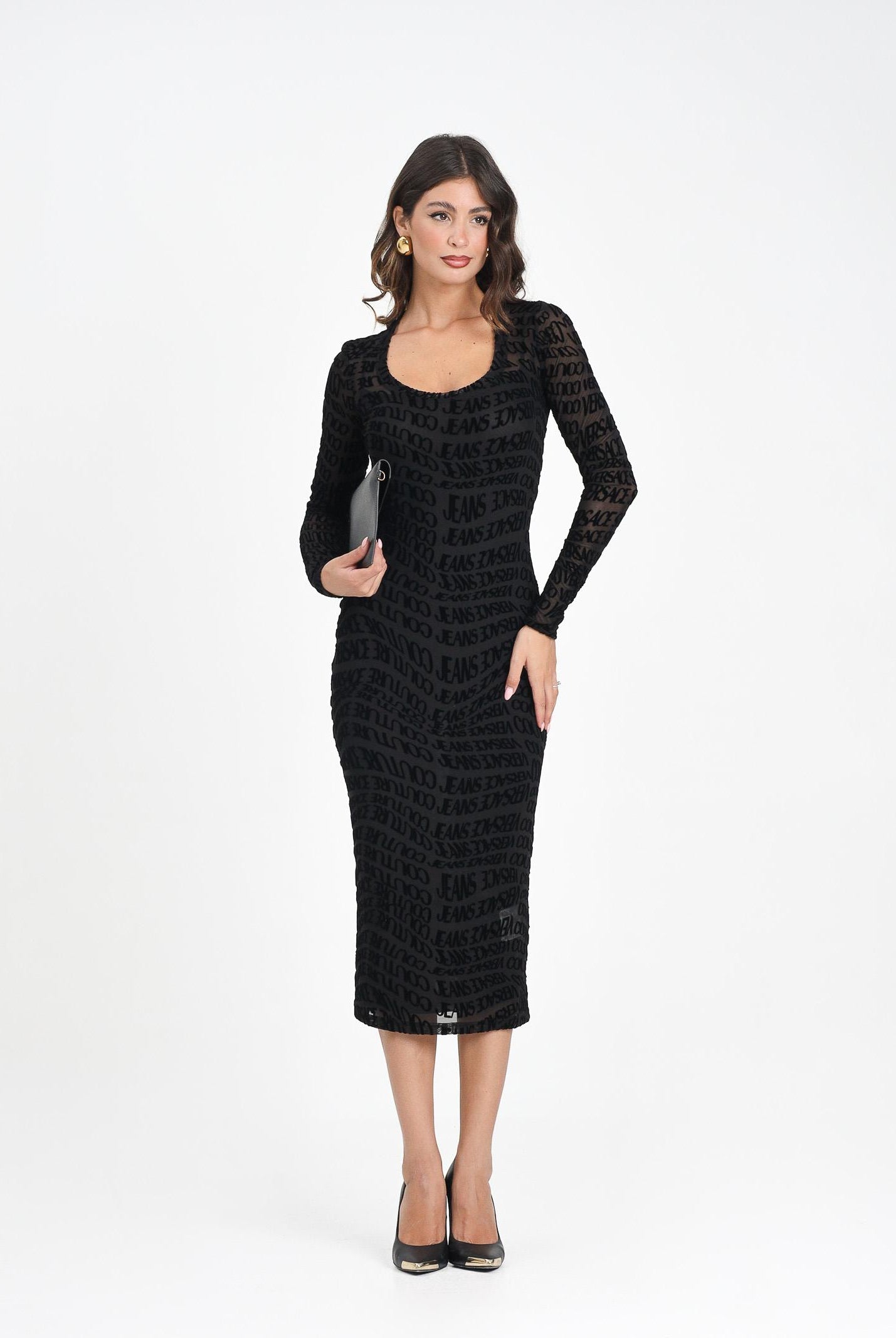 VERSACE JEANS COUTURE Abito midi nero da donna con motivo Liquify Logomania 79HAO920JS490 899 VERSACE JEANS COUTURE