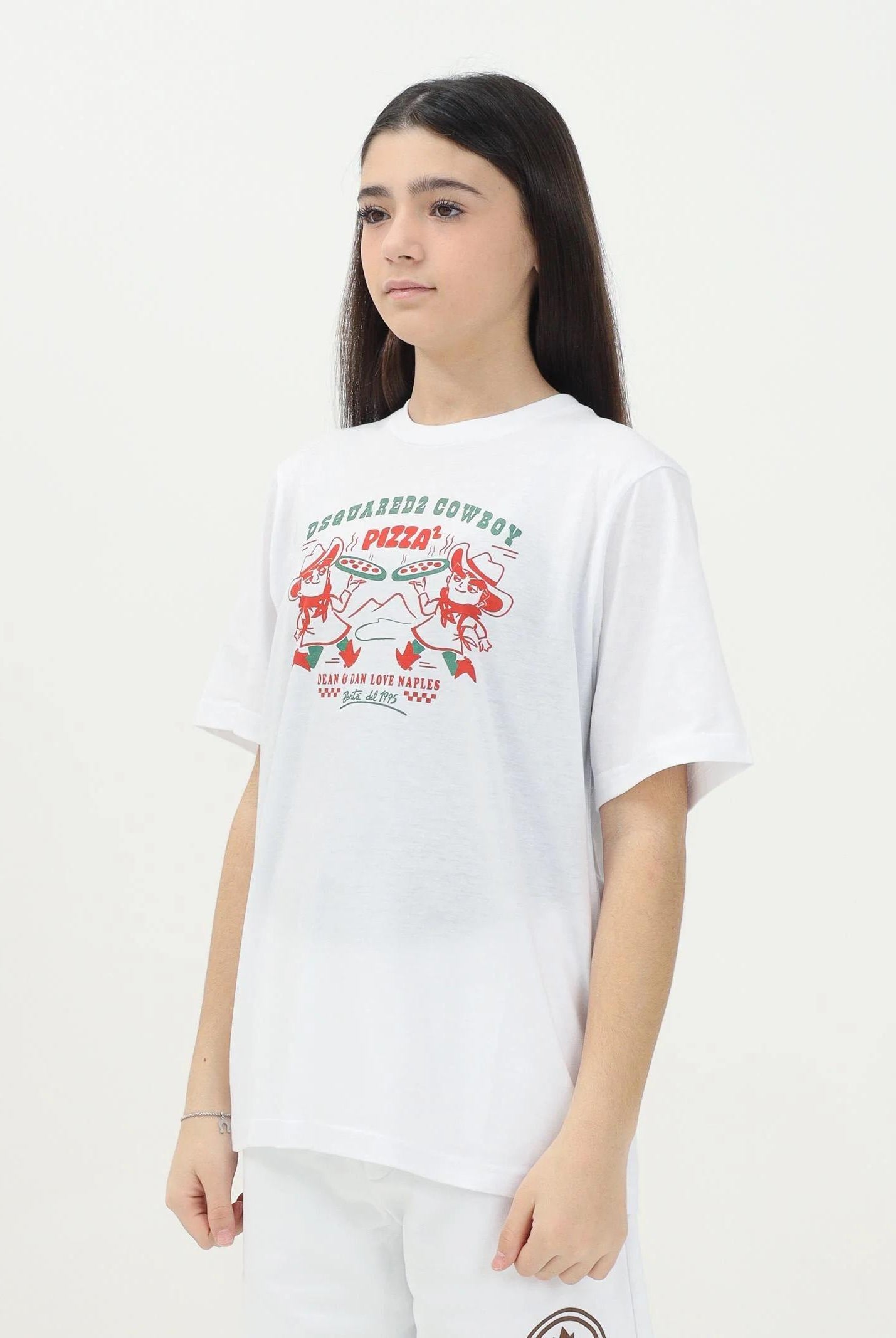 DSQUARED2 T-shirt a manica corta bianca per donna, ragazzi e bambini con grafica originale "Cowboy Pizza" DQ2975D004G DQ100 DSQUARED2