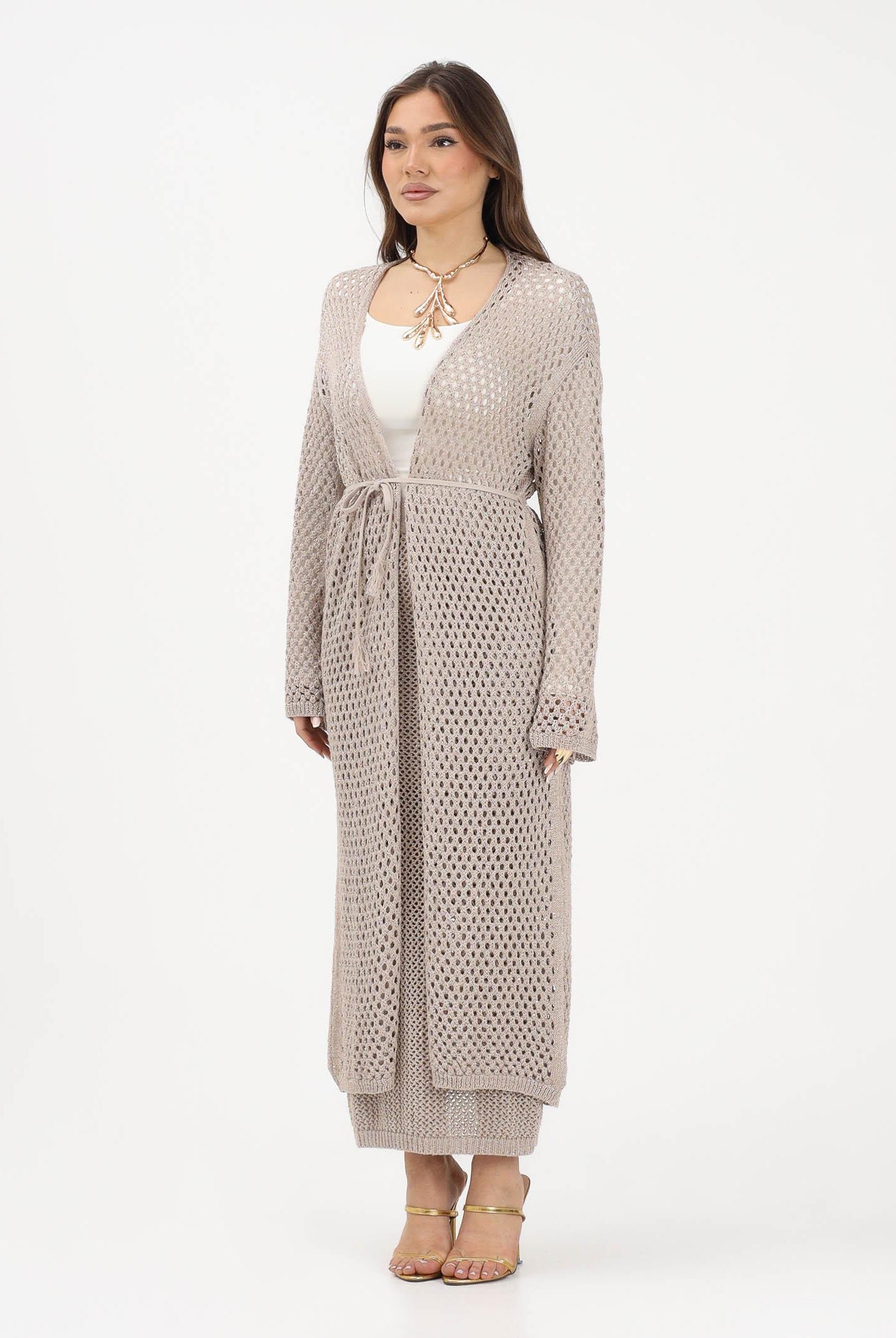 AKEP Cardigan lungo beige da donna in maglia traforata con cintura MGKD13036 V3 AKEP