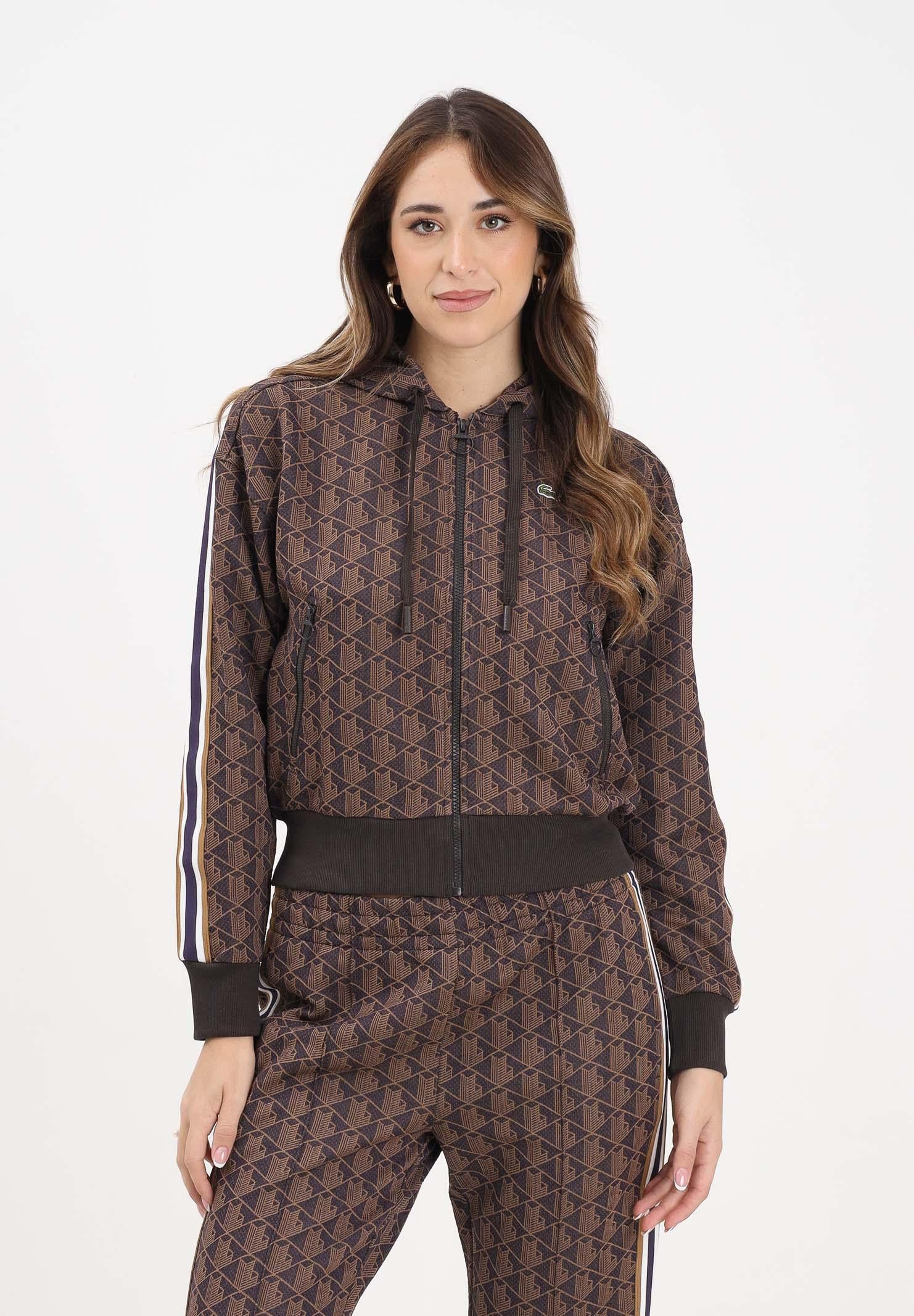 LACOSTE Felpa con zip marrone da donna in jacquard con monogramma SF7606 9I4 LACOSTE