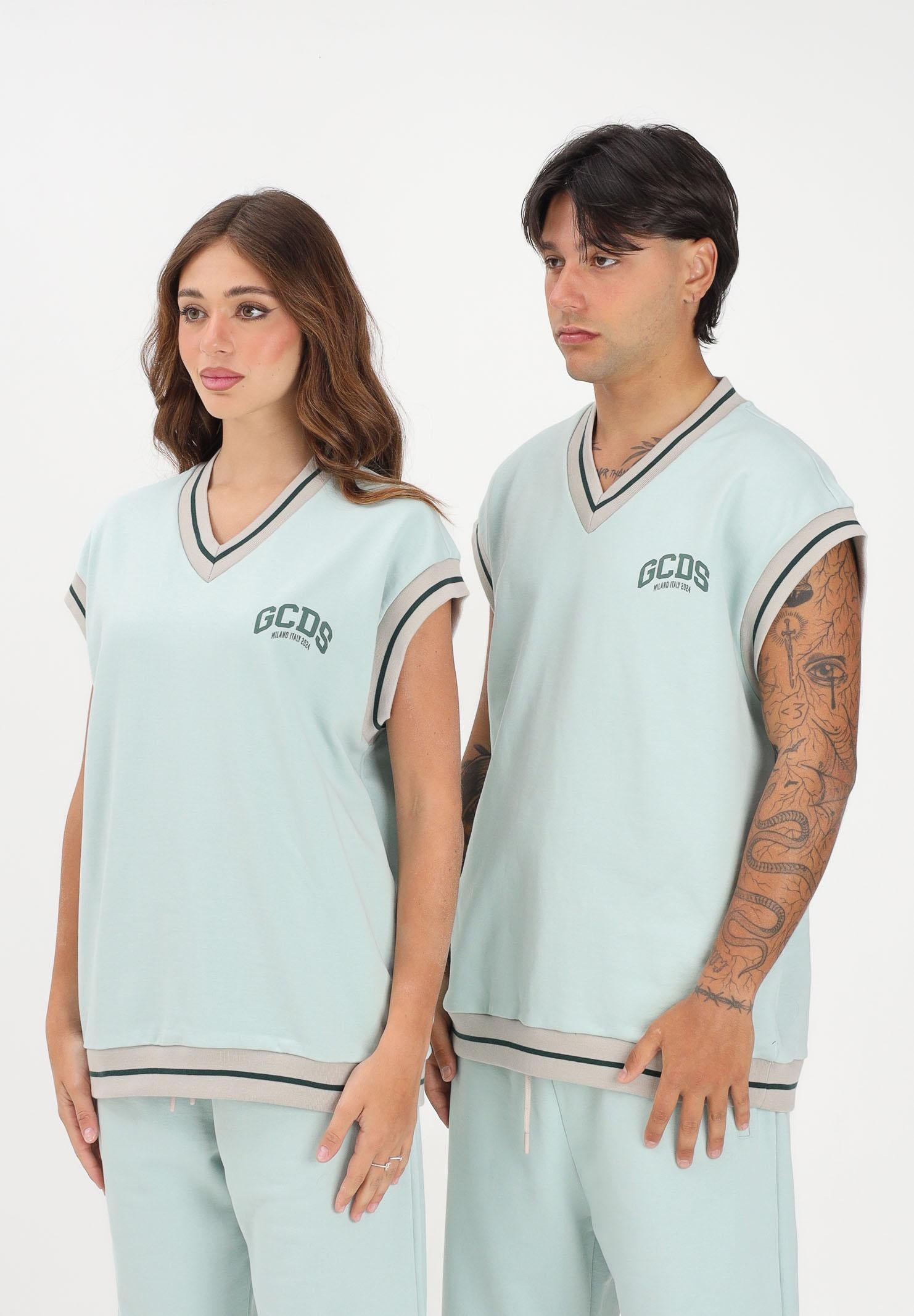 GCDS Felpa gilet verde acqua per uomo e donna con stampa maxi sul retro C1MEQE119F004 818G GCDS