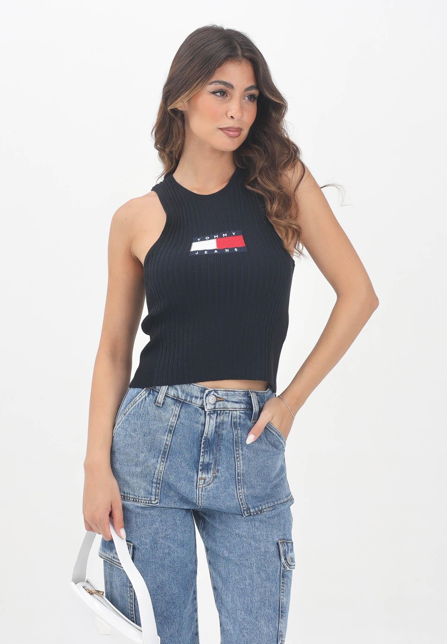 TOMMY JEANS Canotta nera da donna stile vogatore a coste DW0DW20975BDS TOMMY JEANS
