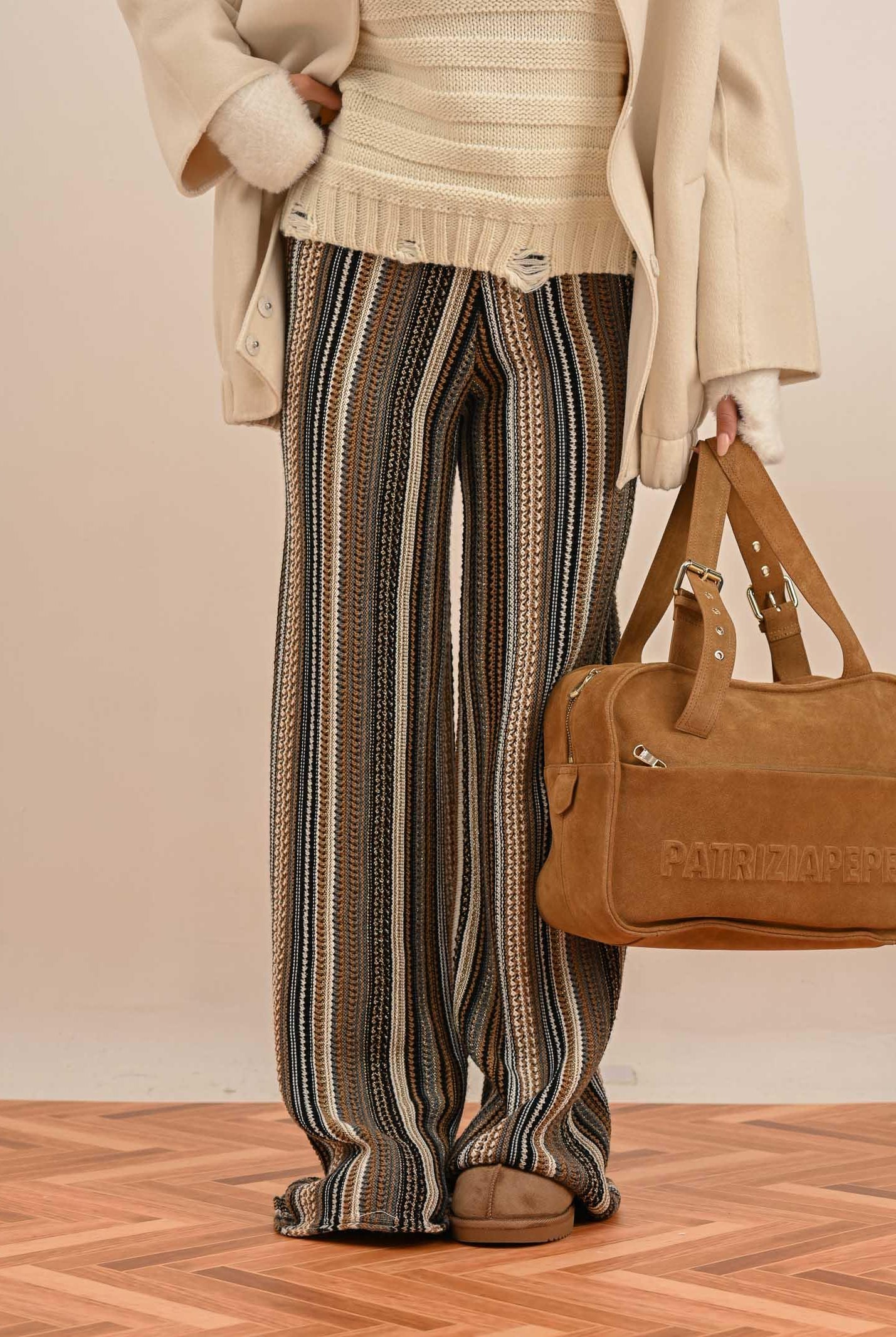 AKEP Pantalone a gamba dritta in maglia lavorata con righe multicolor da donna PTKD11003 V2 AKEP