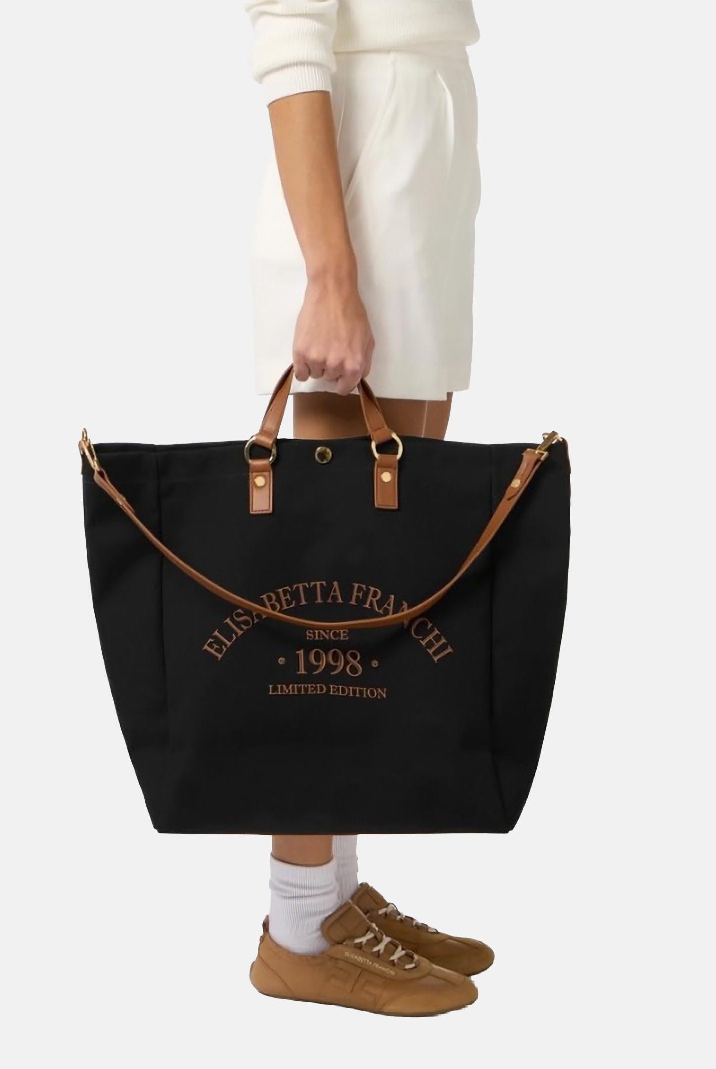 ELISABETTA FRANCHI Borsa mare nera e cuoio da donna con logo BS14A62E2 B58 ELISABETTA FRANCHI