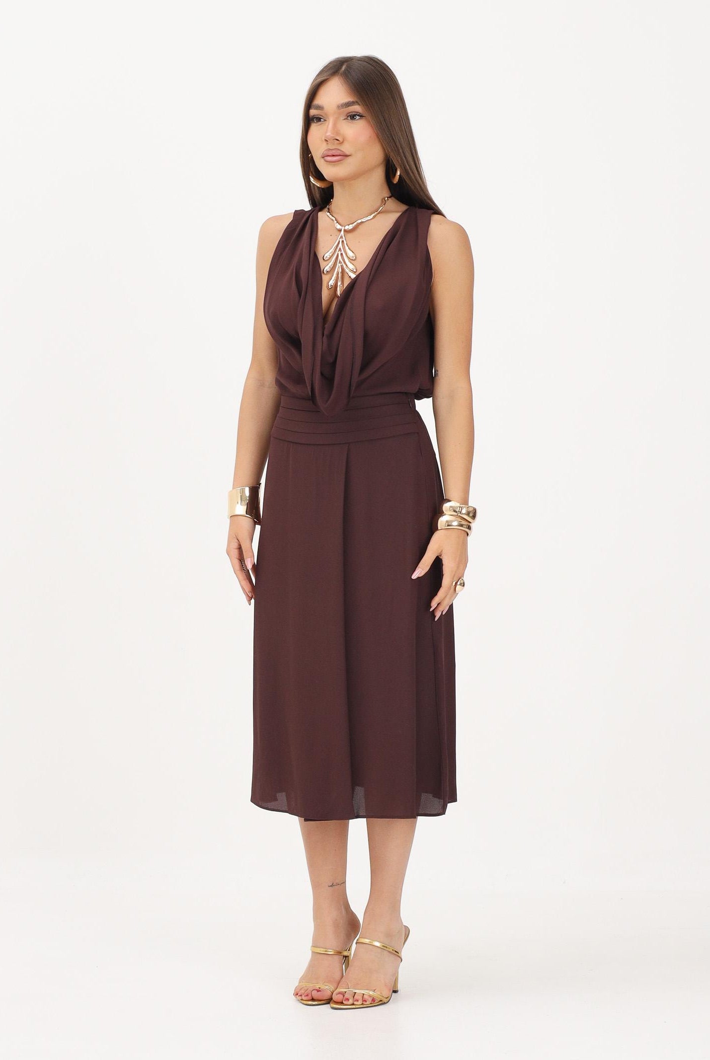 ELISABETTA FRANCHI abito midi in georgette di viscosa Cacao marrone donna. AB88461E2 644 ELISABETTA FRANCHI