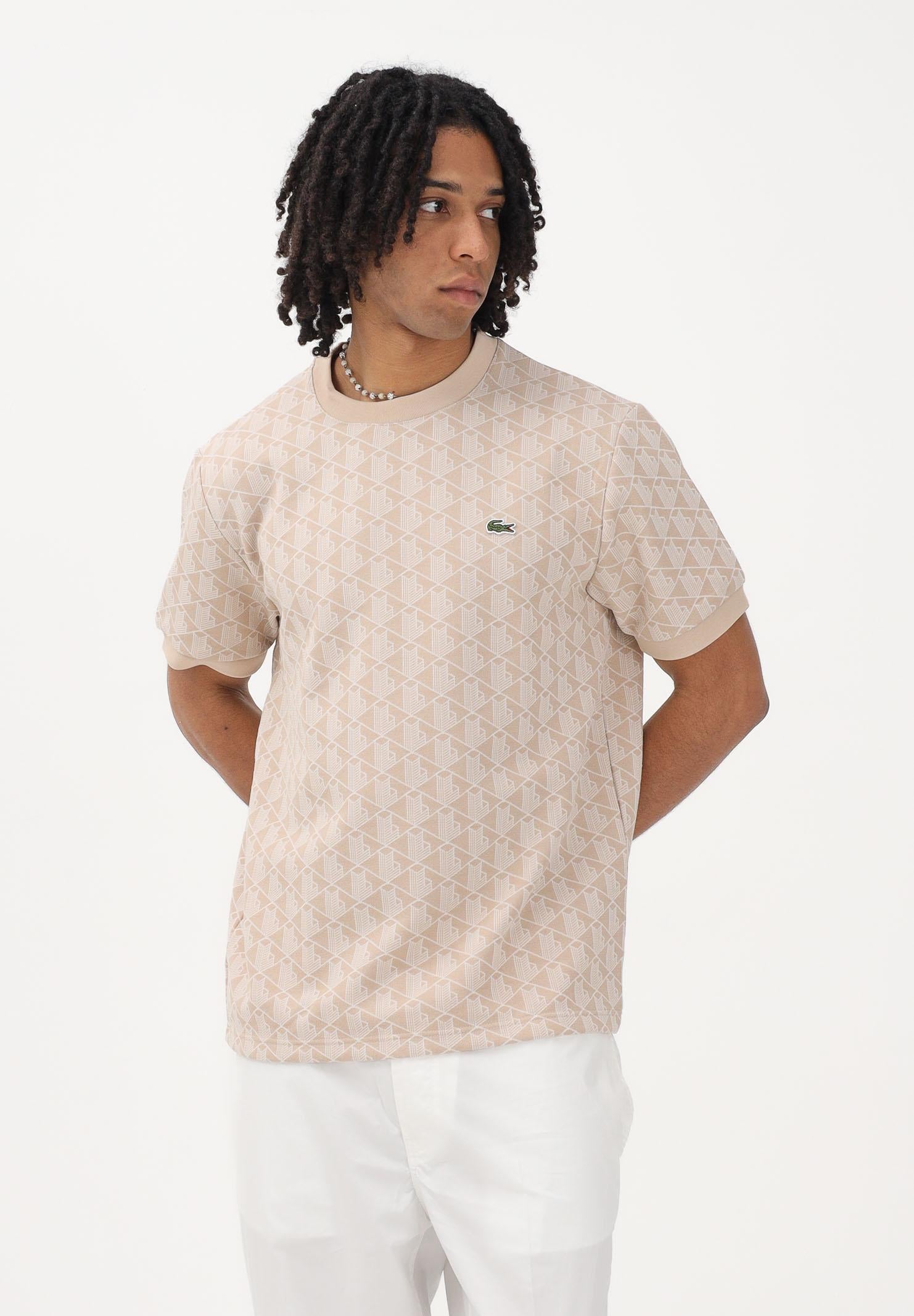 LACOSTE T-shirt a manica corta beige da uomo con monogramma jacquard TH1197 8GI LACOSTE