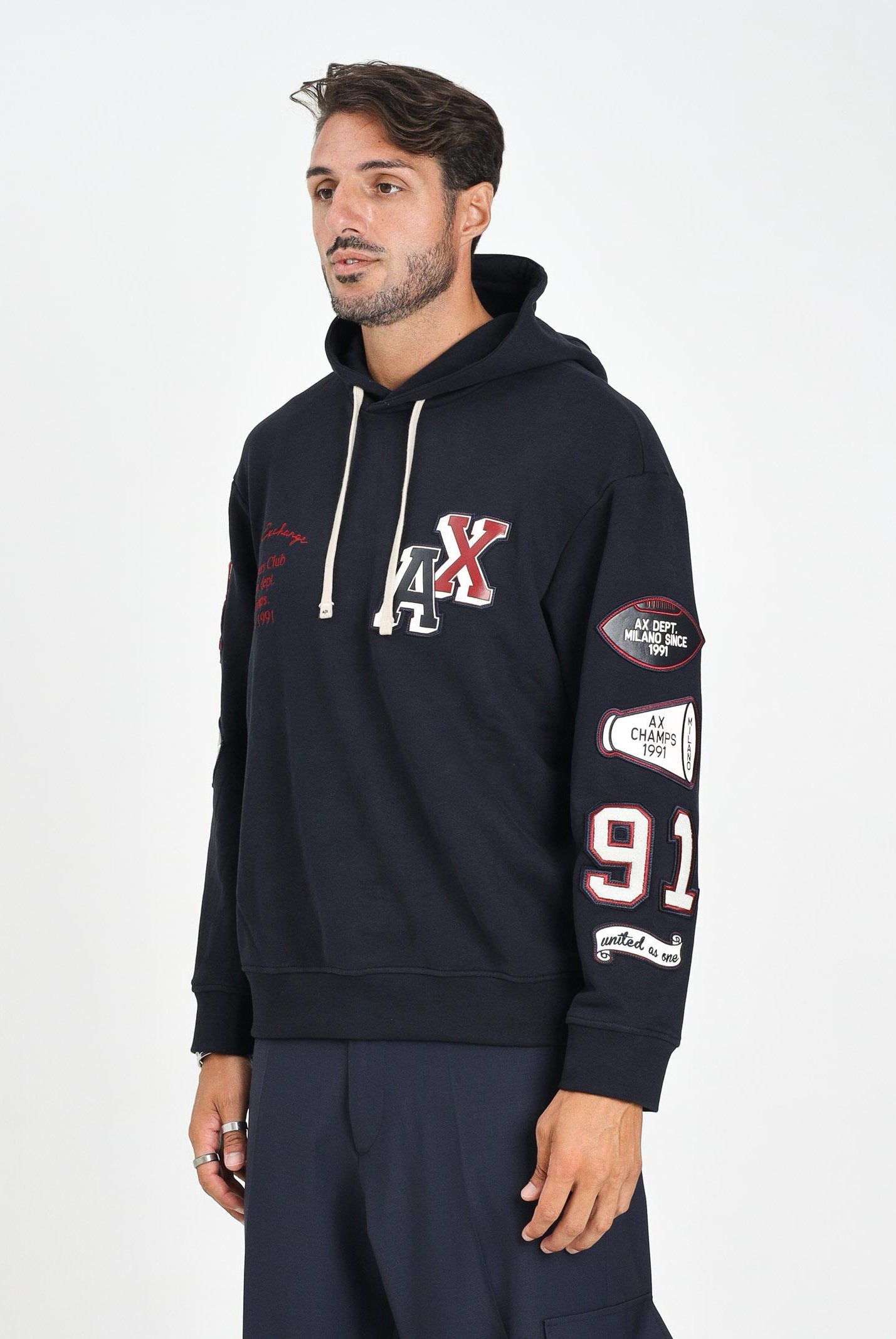 ARMANI EXCHANGE Felpa con cappuccio blu da uomo arricchita da patch XM000749AF12656 UB101 ARMANI EXCHANGE