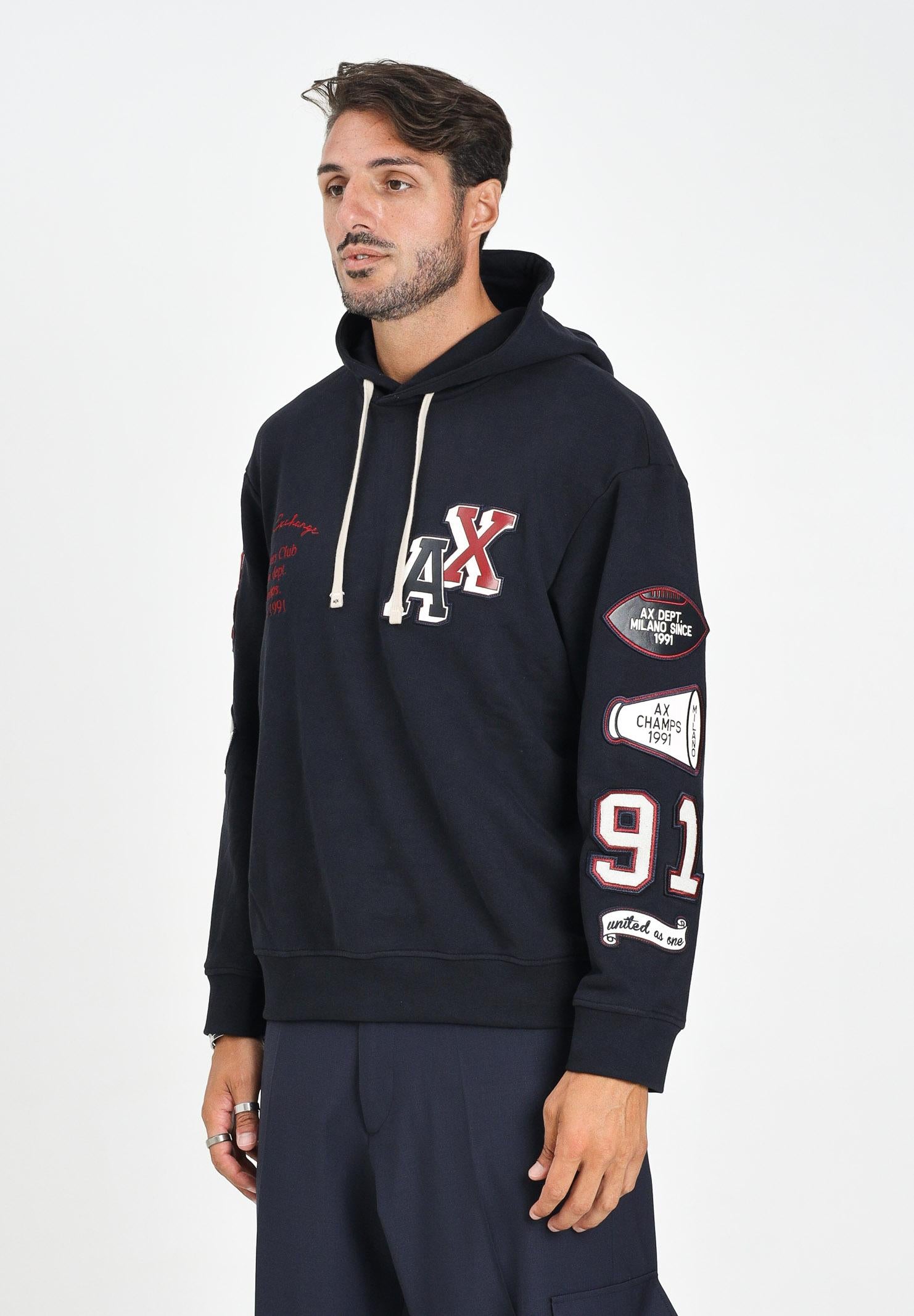 ARMANI EXCHANGE Felpa con cappuccio blu da uomo arricchita da patch XM000749AF12656 UB101 ARMANI EXCHANGE