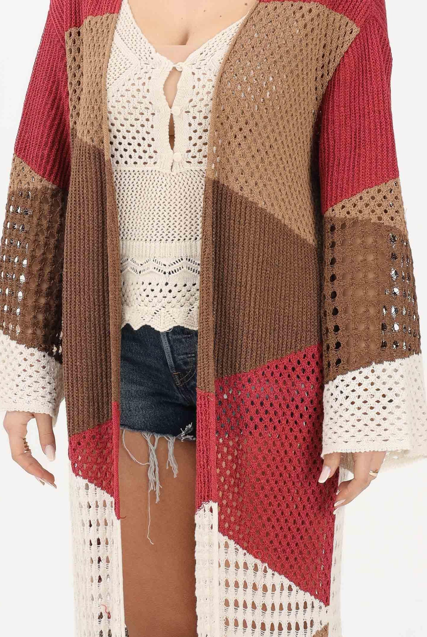 AKEP Cardigan lungo multicolore da donna in maglia traforata MGKD13070 V1 AKEP