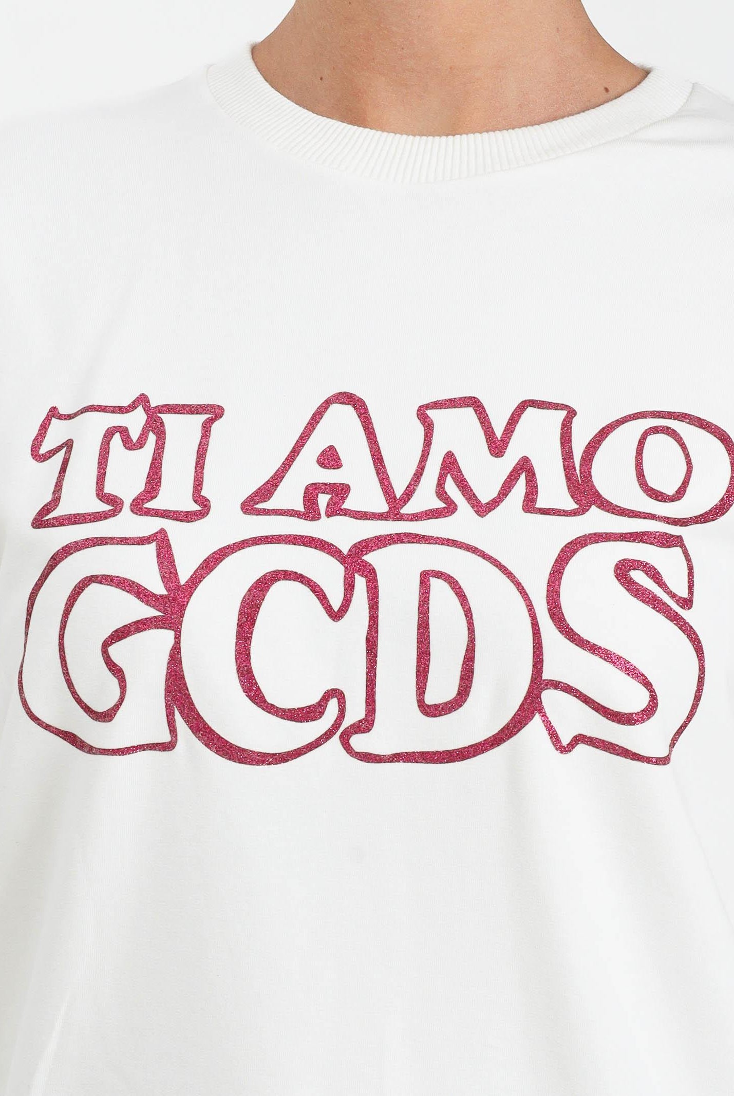 GCDS Felpa girocollo bianca per donna e ragazze con stampa in strass B2JW1532BA5 15 GCDS