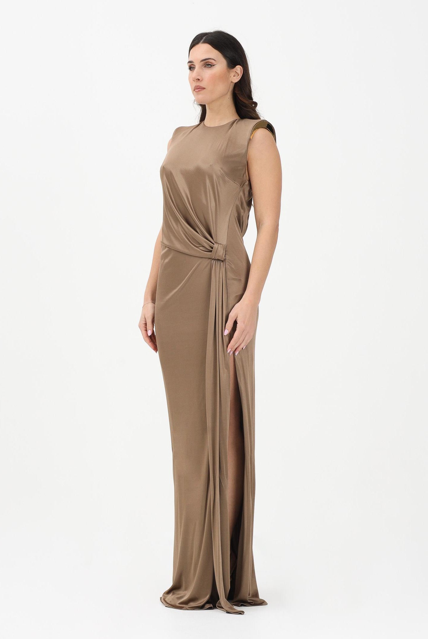 ELISABETTA FRANCHI Abito lungo argilla da donna con spacco laterale ABR2461E2 229 ELISABETTA FRANCHI