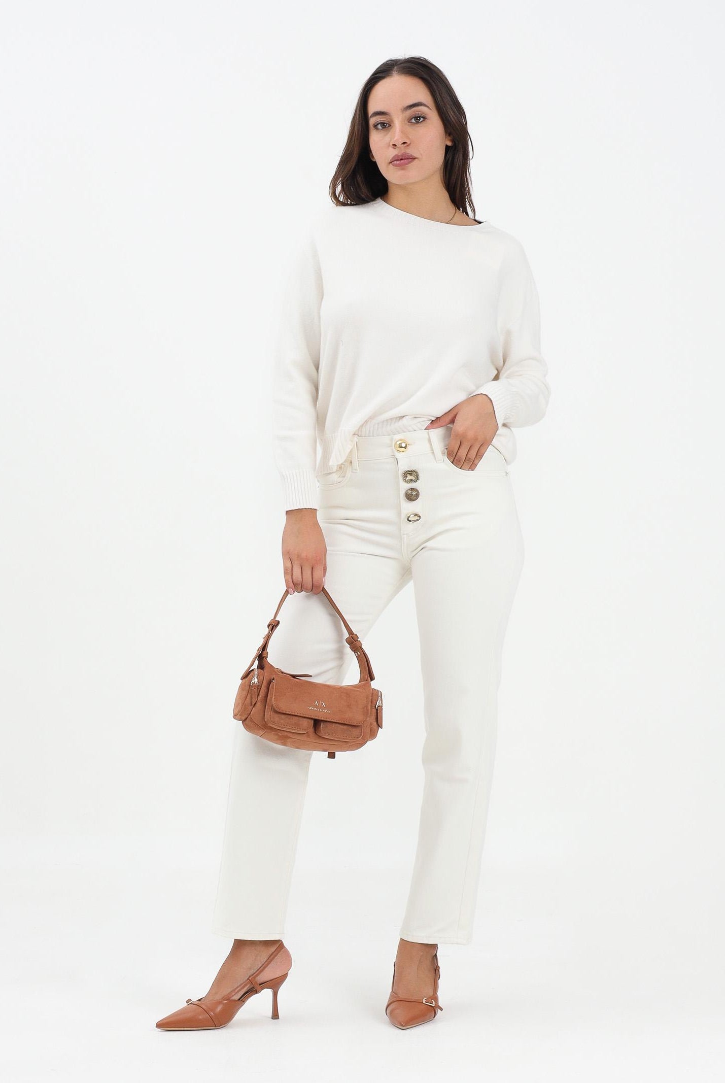 VICOLO Jeans Zoe in denim bianco da donna con bottoni gioiello DF5056 FU031 VICOLO