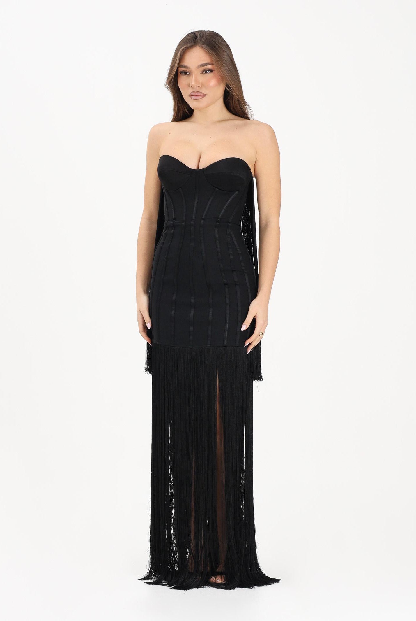 ELISABETTA FRANCHI Abito lungo nero da donna con frange ABR3762E2 110 ELISABETTA FRANCHI