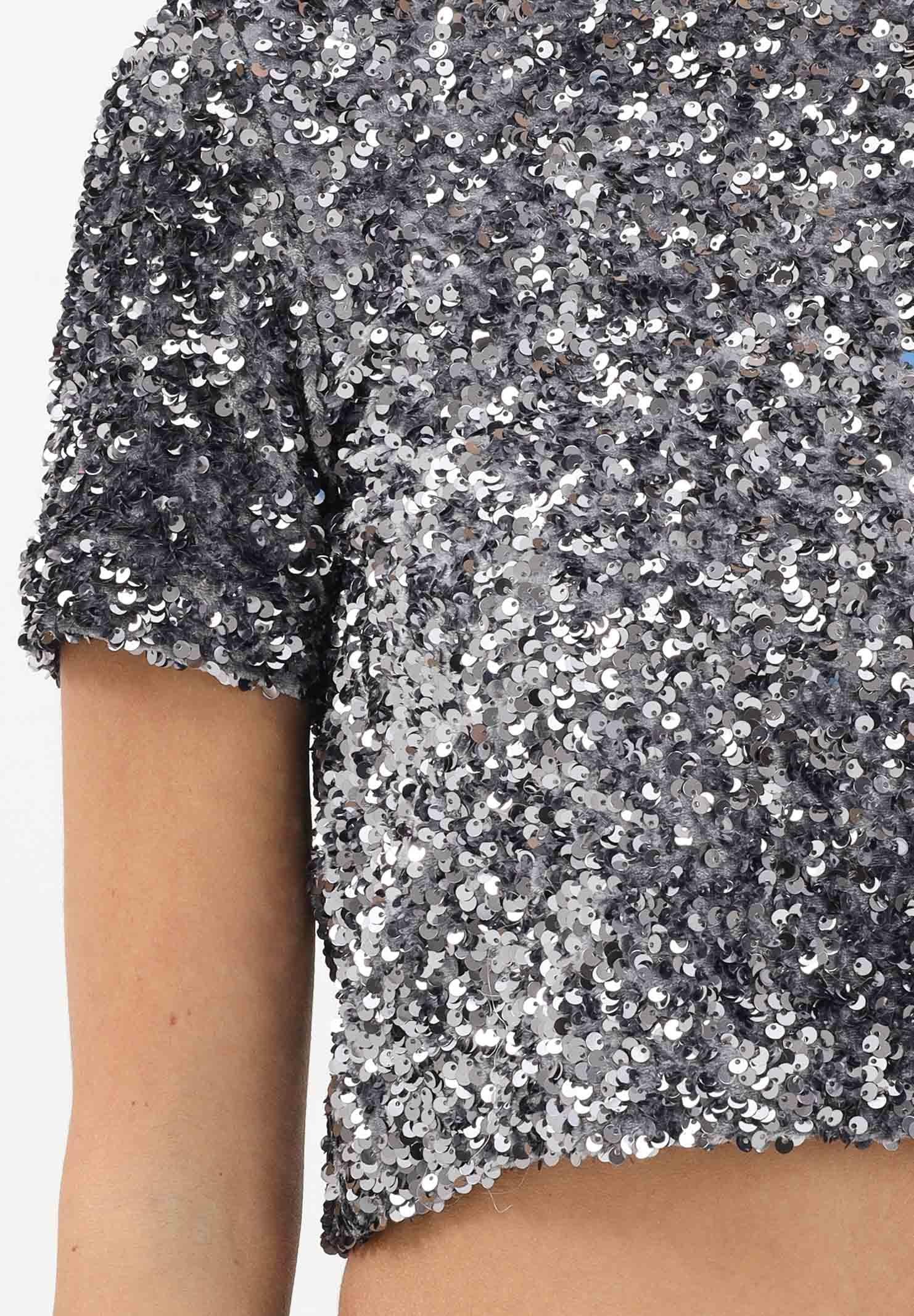 VICOLO T-shirt a manica corta grigia da donna ricoperta di strass TF0455 AR VICOLO